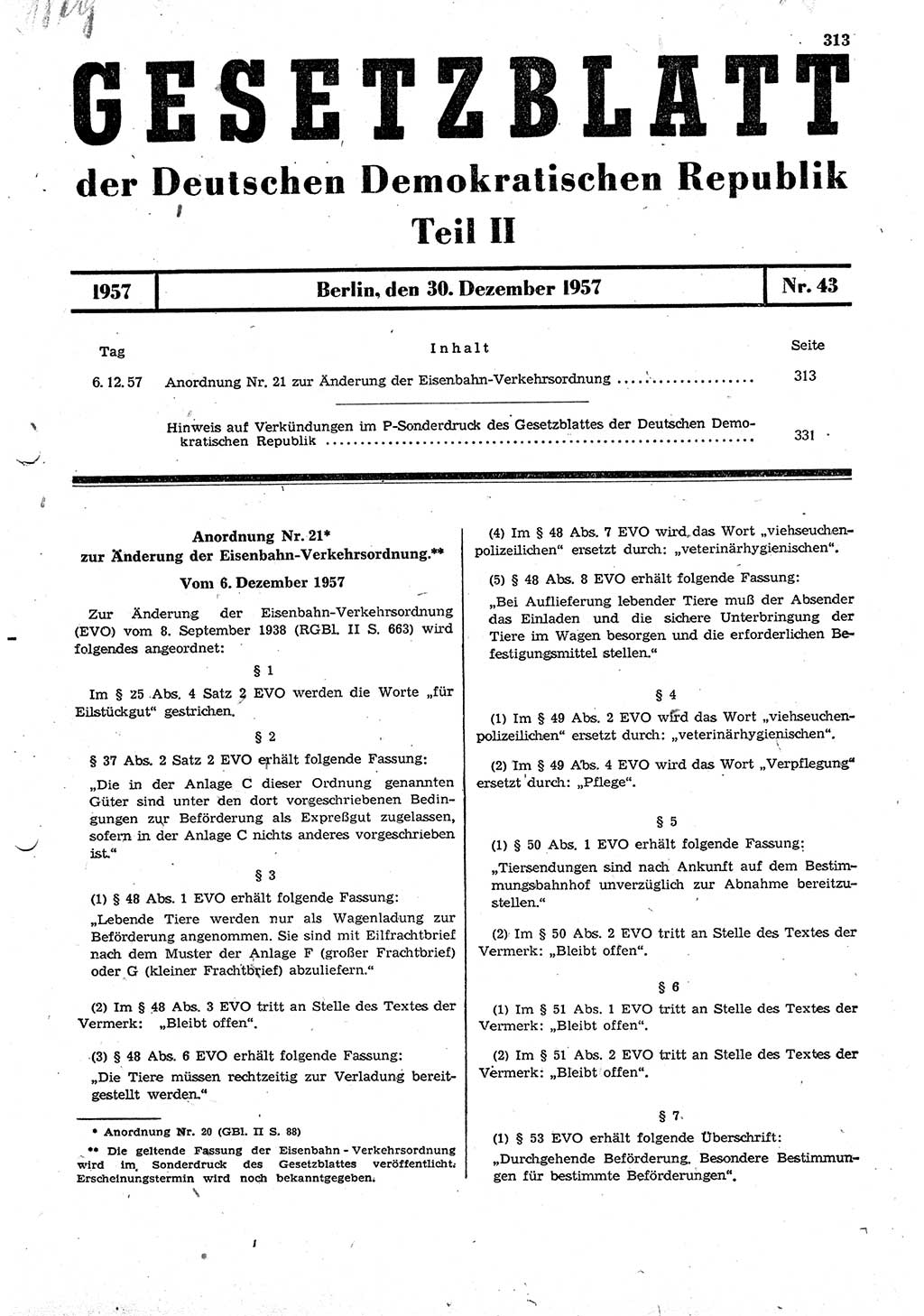 Gesetzblatt (GBl.) der Deutschen Demokratischen Republik (DDR) Teil ⅠⅠ 1957, Seite 313 (GBl. DDR ⅠⅠ 1957, S. 313)