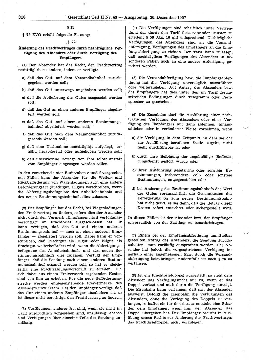 Gesetzblatt (GBl.) der Deutschen Demokratischen Republik (DDR) Teil ⅠⅠ 1957, Seite 316 (GBl. DDR ⅠⅠ 1957, S. 316)