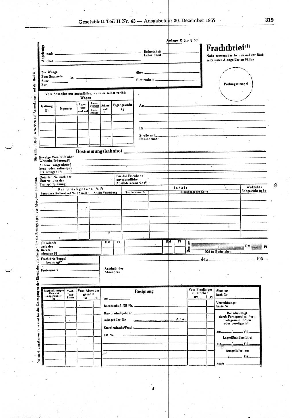 Gesetzblatt (GBl.) der Deutschen Demokratischen Republik (DDR) Teil ⅠⅠ 1957, Seite 319 (GBl. DDR ⅠⅠ 1957, S. 319)