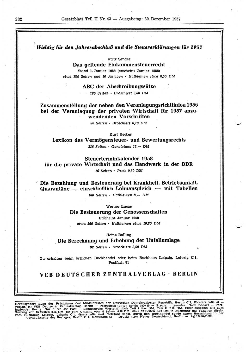 Gesetzblatt (GBl.) der Deutschen Demokratischen Republik (DDR) Teil ⅠⅠ 1957, Seite 332 (GBl. DDR ⅠⅠ 1957, S. 332)