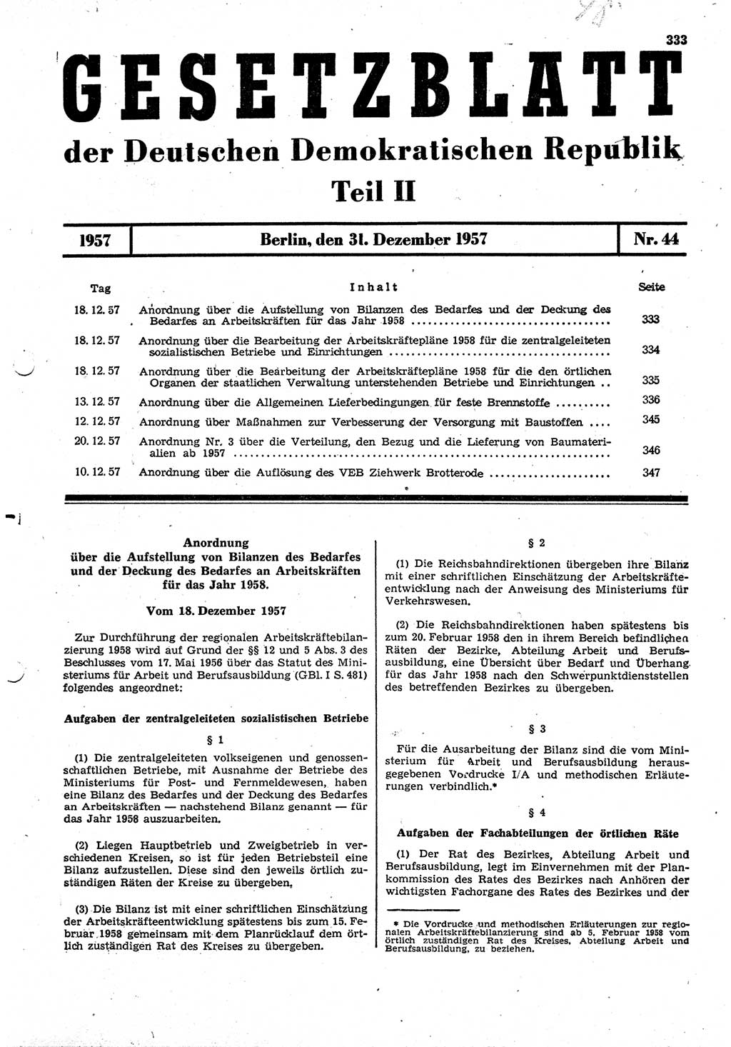 Gesetzblatt (GBl.) der Deutschen Demokratischen Republik (DDR) Teil ⅠⅠ 1957, Seite 333 (GBl. DDR ⅠⅠ 1957, S. 333)
