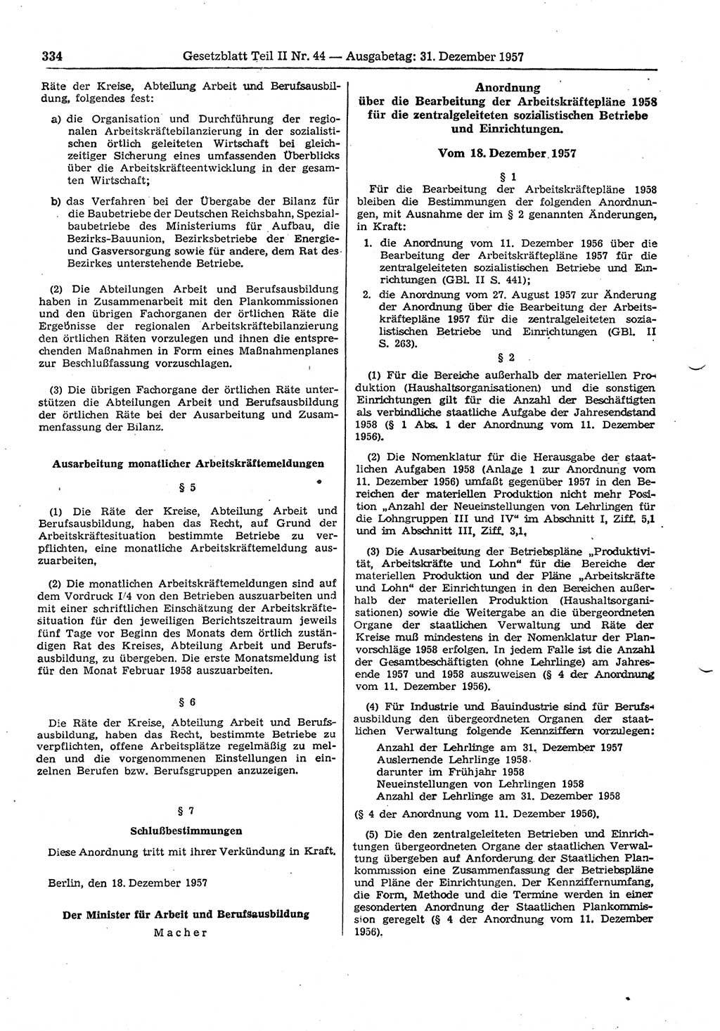 Gesetzblatt (GBl.) der Deutschen Demokratischen Republik (DDR) Teil ⅠⅠ 1957, Seite 334 (GBl. DDR ⅠⅠ 1957, S. 334)