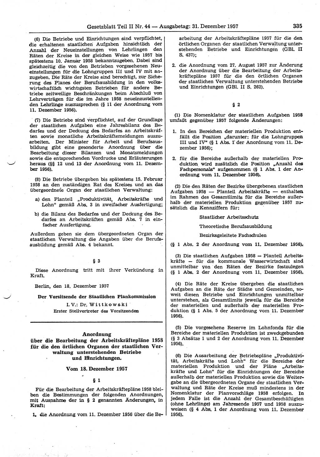 Gesetzblatt (GBl.) der Deutschen Demokratischen Republik (DDR) Teil ⅠⅠ 1957, Seite 335 (GBl. DDR ⅠⅠ 1957, S. 335)