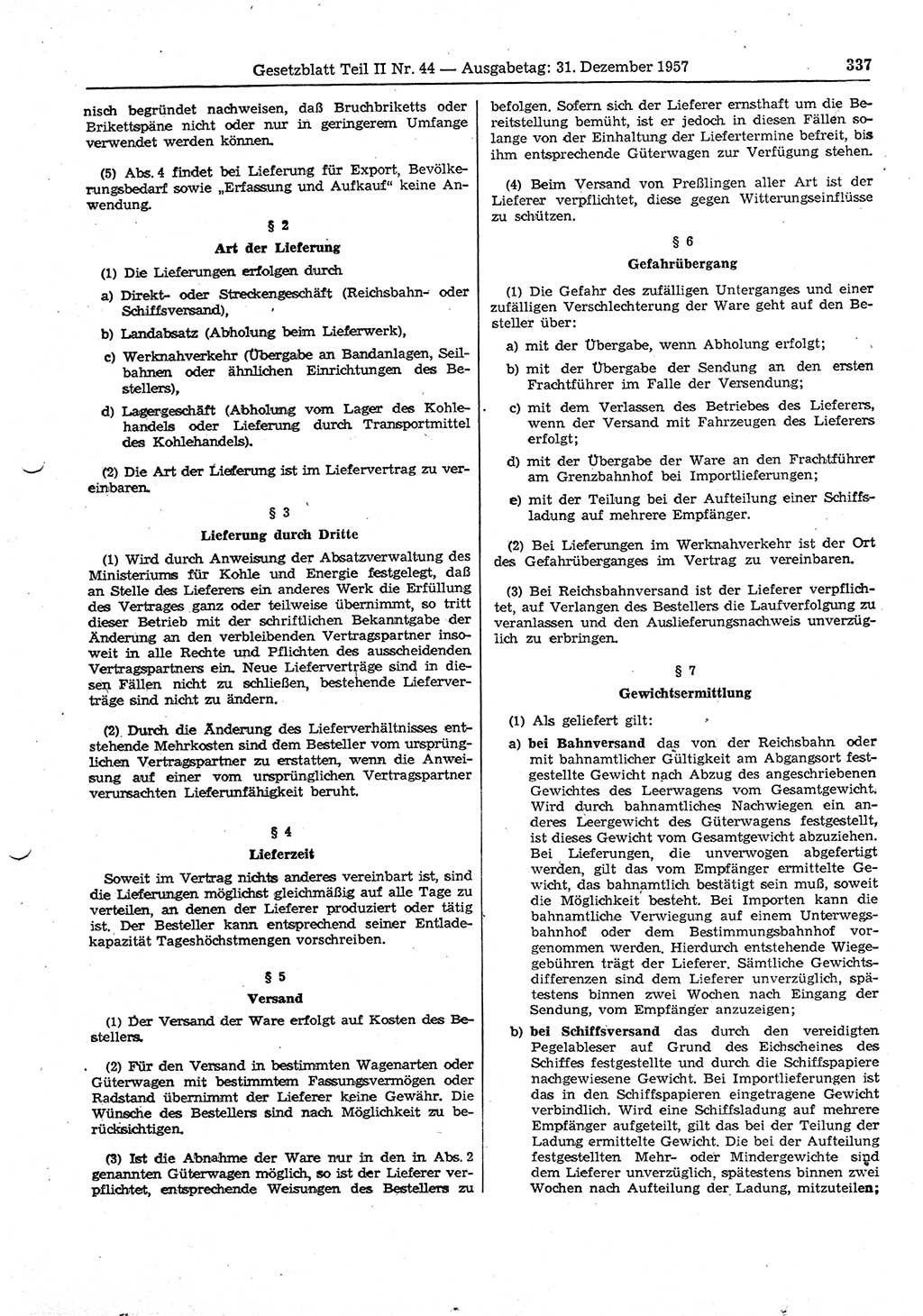 Gesetzblatt (GBl.) der Deutschen Demokratischen Republik (DDR) Teil ⅠⅠ 1957, Seite 337 (GBl. DDR ⅠⅠ 1957, S. 337)