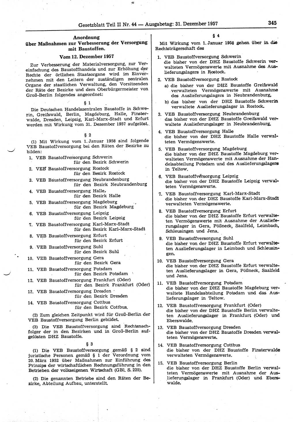Gesetzblatt (GBl.) der Deutschen Demokratischen Republik (DDR) Teil ⅠⅠ 1957, Seite 345 (GBl. DDR ⅠⅠ 1957, S. 345)