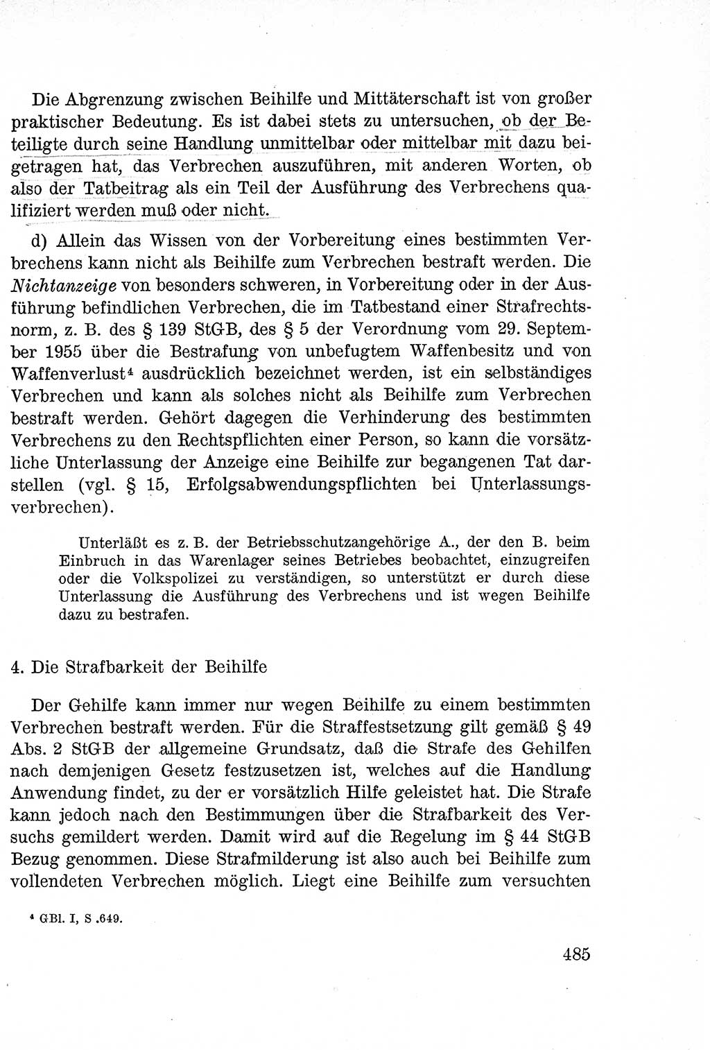 Lehrbuch des Strafrechts der Deutschen Demokratischen Republik (DDR), Allgemeiner Teil 1957, Seite 485 (Lb. Strafr. DDR AT 1957, S. 485)