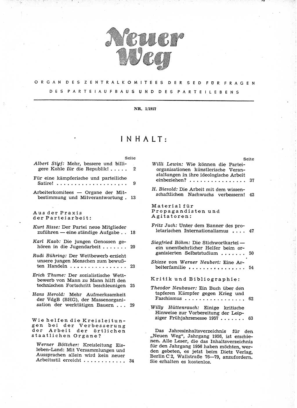 Neuer Weg (NW), Organ des Zentralkomitees (ZK) der SED (Sozialistische Einheitspartei Deutschlands) für Fragen des Parteiaufbaus und des Parteilebens, 12. Jahrgang [Deutsche Demokratische Republik (DDR)] 1957, Seite 1 (NW ZK SED DDR 1957, S. 1)