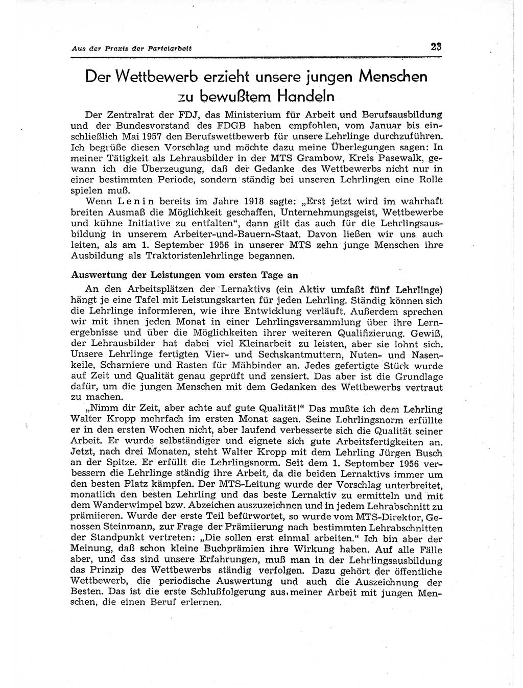 Neuer Weg (NW), Organ des Zentralkomitees (ZK) der SED (Sozialistische Einheitspartei Deutschlands) für Fragen des Parteiaufbaus und des Parteilebens, 12. Jahrgang [Deutsche Demokratische Republik (DDR)] 1957, Seite 23 (NW ZK SED DDR 1957, S. 23)