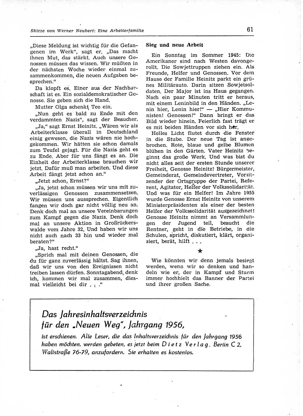 Neuer Weg (NW), Organ des Zentralkomitees (ZK) der SED (Sozialistische Einheitspartei Deutschlands) für Fragen des Parteiaufbaus und des Parteilebens, 12. Jahrgang [Deutsche Demokratische Republik (DDR)] 1957, Seite 61 (NW ZK SED DDR 1957, S. 61)