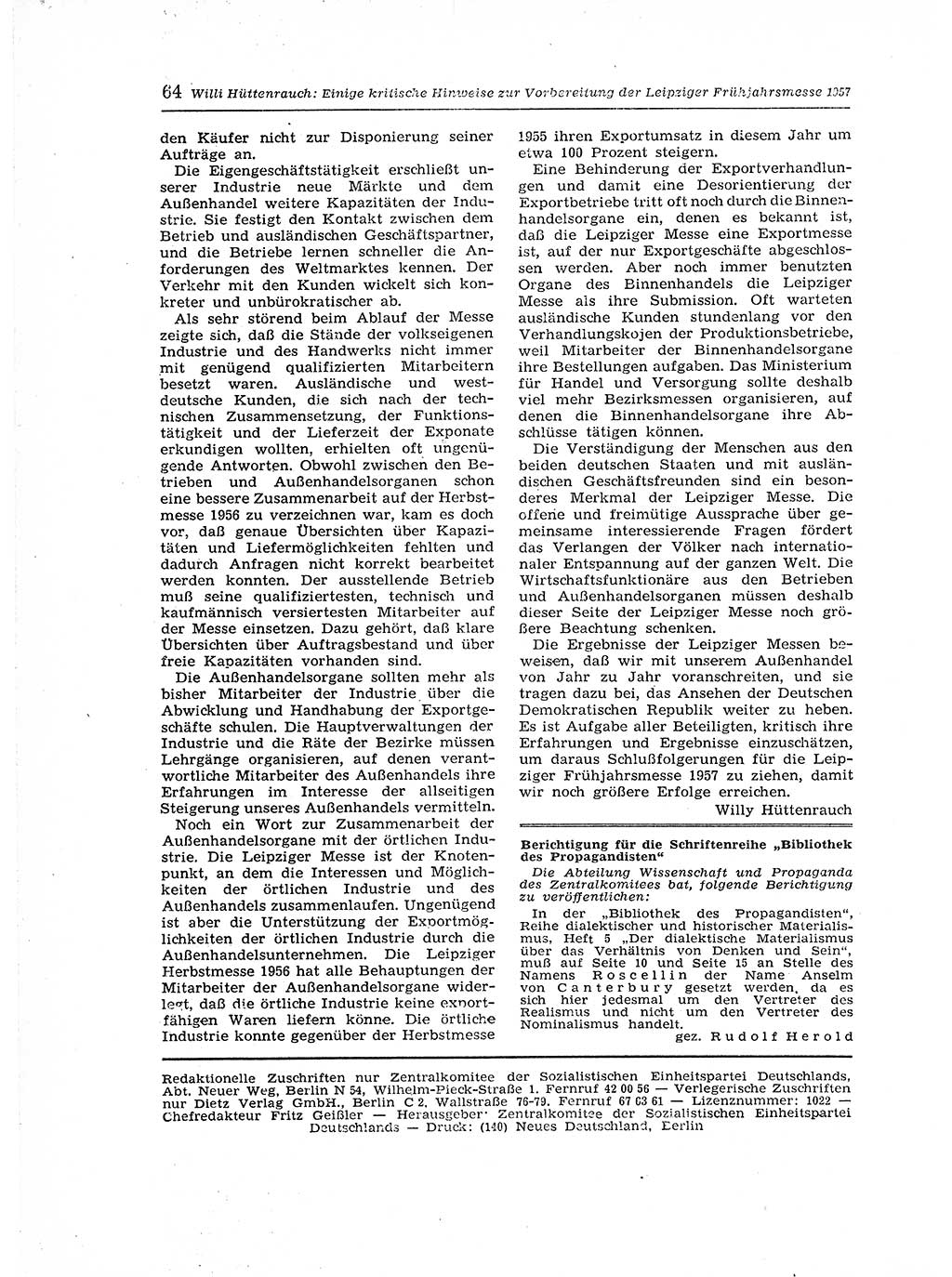 Neuer Weg (NW), Organ des Zentralkomitees (ZK) der SED (Sozialistische Einheitspartei Deutschlands) für Fragen des Parteiaufbaus und des Parteilebens, 12. Jahrgang [Deutsche Demokratische Republik (DDR)] 1957, Seite 64 (NW ZK SED DDR 1957, S. 64)