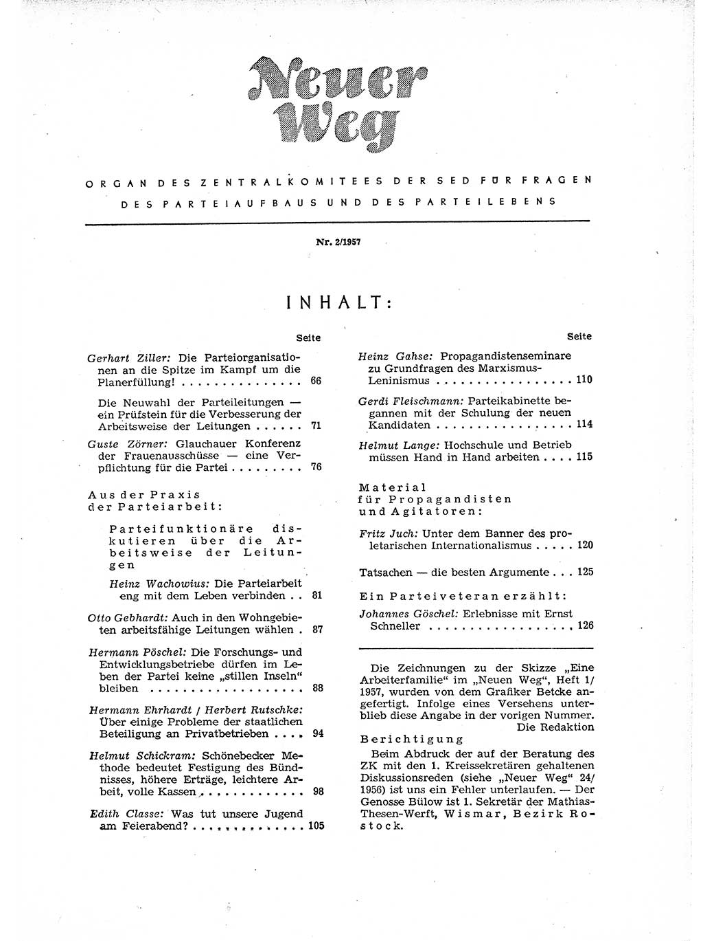 Neuer Weg (NW), Organ des Zentralkomitees (ZK) der SED (Sozialistische Einheitspartei Deutschlands) für Fragen des Parteiaufbaus und des Parteilebens, 12. Jahrgang [Deutsche Demokratische Republik (DDR)] 1957, Seite 65 (NW ZK SED DDR 1957, S. 65)