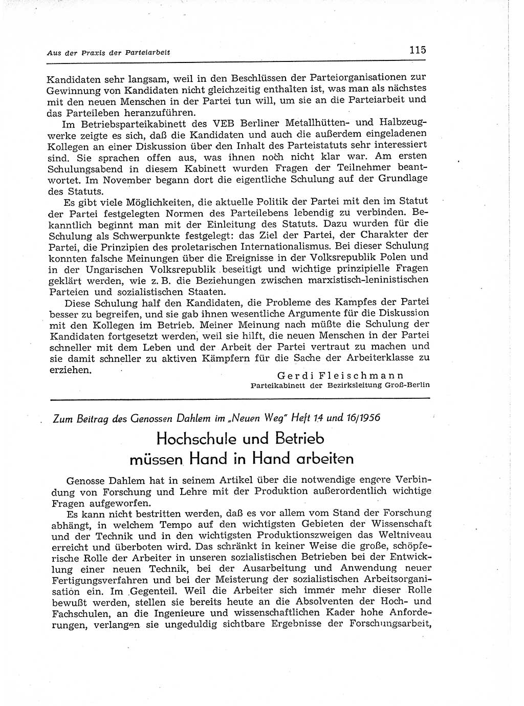 Neuer Weg (NW), Organ des Zentralkomitees (ZK) der SED (Sozialistische Einheitspartei Deutschlands) für Fragen des Parteiaufbaus und des Parteilebens, 12. Jahrgang [Deutsche Demokratische Republik (DDR)] 1957, Seite 115 (NW ZK SED DDR 1957, S. 115)