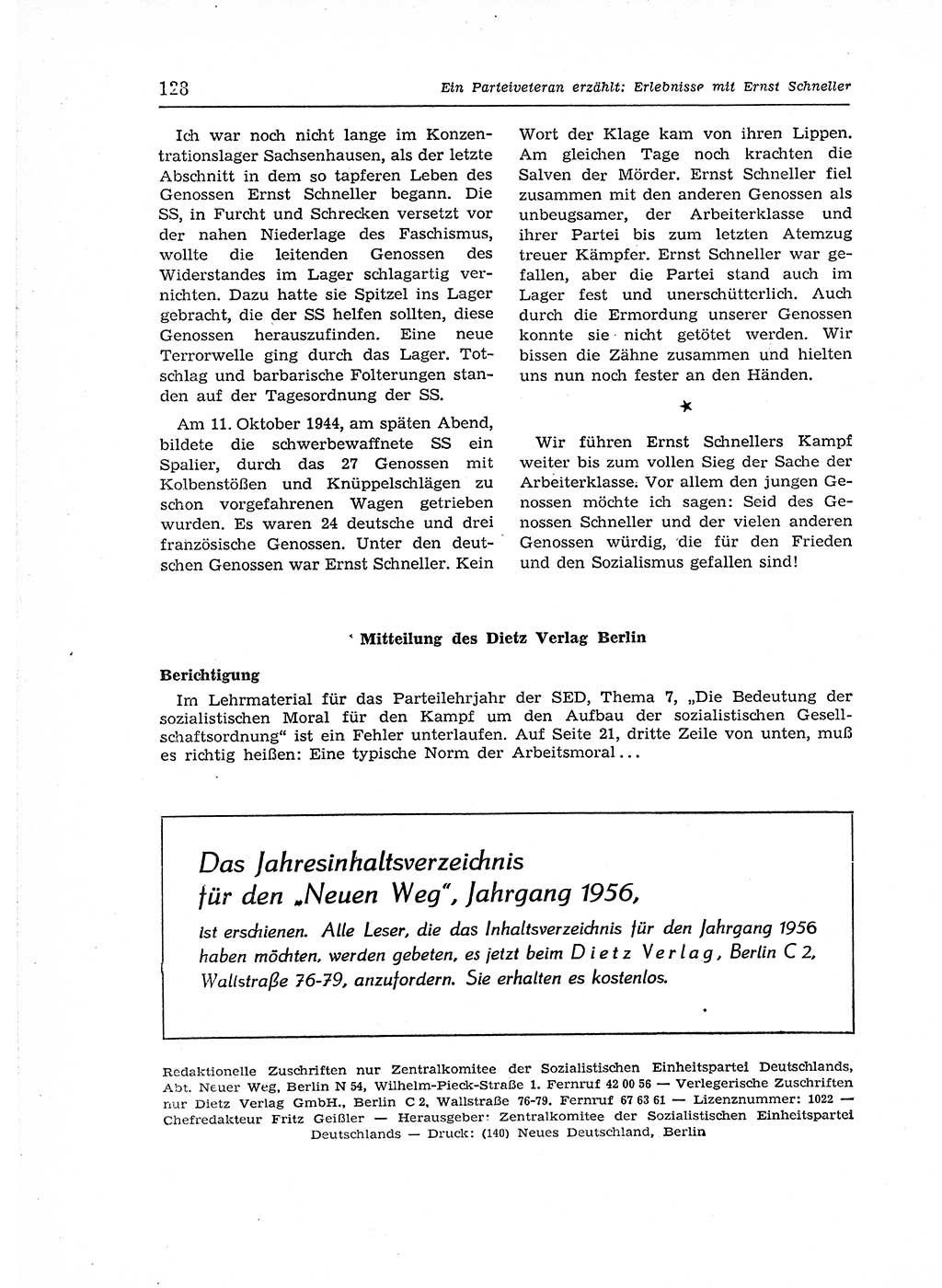 Neuer Weg (NW), Organ des Zentralkomitees (ZK) der SED (Sozialistische Einheitspartei Deutschlands) für Fragen des Parteiaufbaus und des Parteilebens, 12. Jahrgang [Deutsche Demokratische Republik (DDR)] 1957, Seite 128 (NW ZK SED DDR 1957, S. 128)
