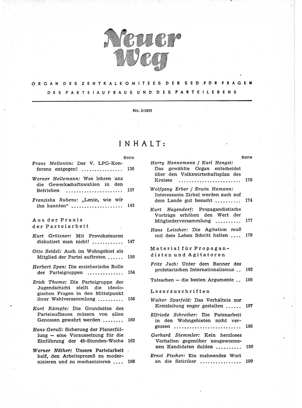 Neuer Weg (NW), Organ des Zentralkomitees (ZK) der SED (Sozialistische Einheitspartei Deutschlands) für Fragen des Parteiaufbaus und des Parteilebens, 12. Jahrgang [Deutsche Demokratische Republik (DDR)] 1957, Seite 129 (NW ZK SED DDR 1957, S. 129)