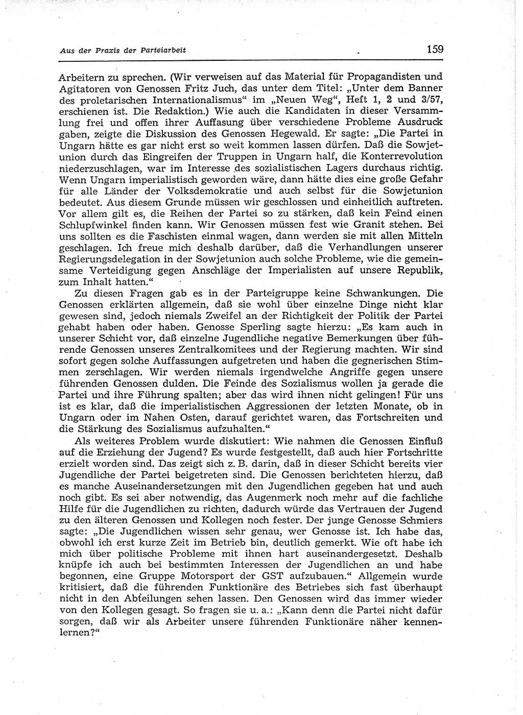 Neuer Weg (NW), Organ des Zentralkomitees (ZK) der SED (Sozialistische Einheitspartei Deutschlands) für Fragen des Parteiaufbaus und des Parteilebens, 12. Jahrgang [Deutsche Demokratische Republik (DDR)] 1957, Seite 159 (NW ZK SED DDR 1957, S. 159)