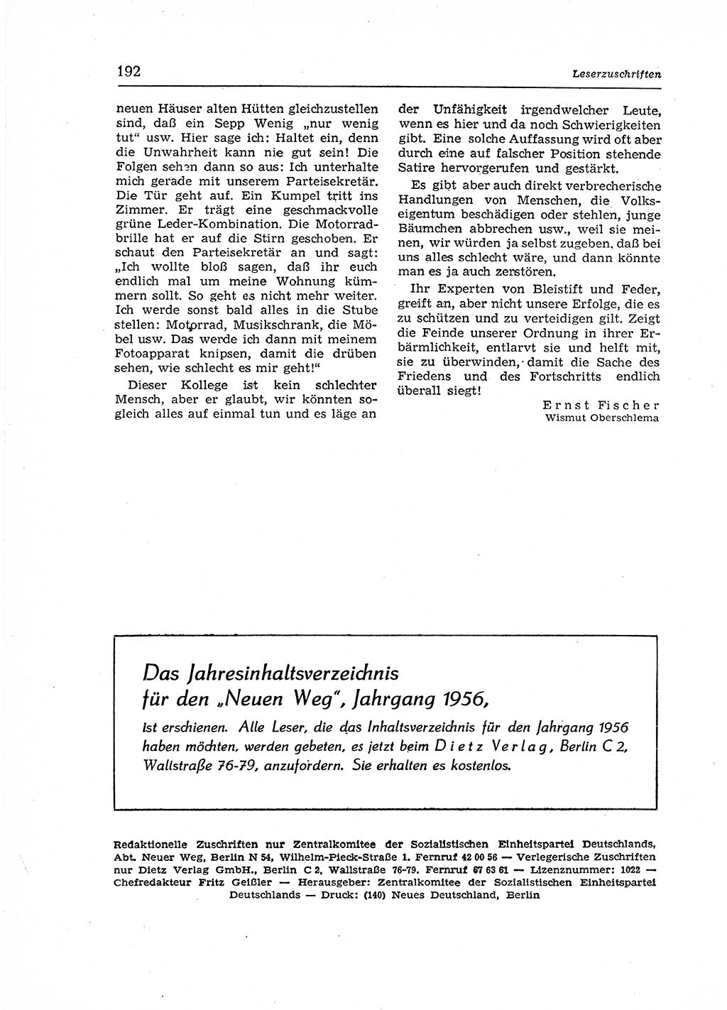 Neuer Weg (NW), Organ des Zentralkomitees (ZK) der SED (Sozialistische Einheitspartei Deutschlands) für Fragen des Parteiaufbaus und des Parteilebens, 12. Jahrgang [Deutsche Demokratische Republik (DDR)] 1957, Seite 192 (NW ZK SED DDR 1957, S. 192)
