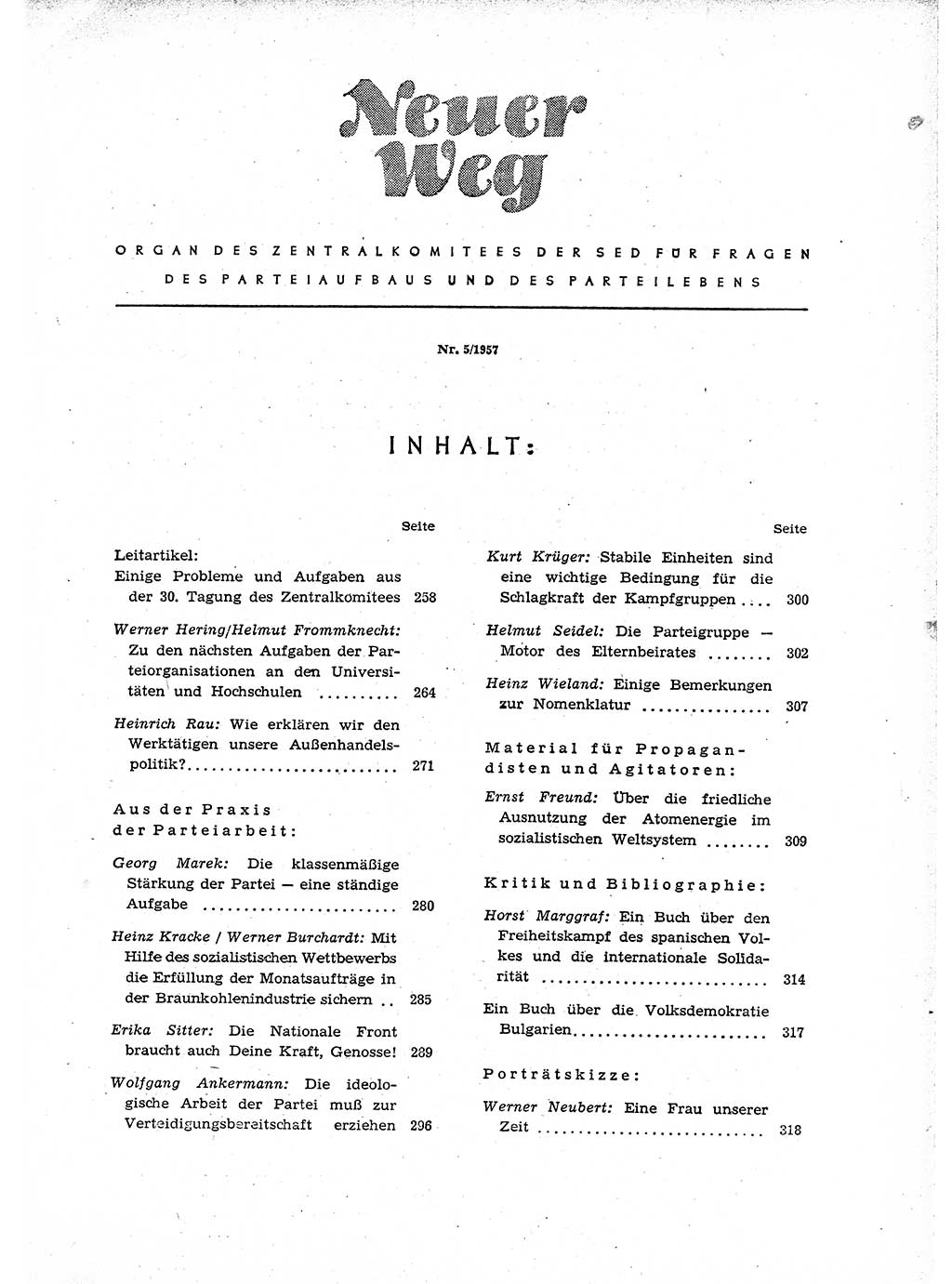Neuer Weg (NW), Organ des Zentralkomitees (ZK) der SED (Sozialistische Einheitspartei Deutschlands) für Fragen des Parteiaufbaus und des Parteilebens, 12. Jahrgang [Deutsche Demokratische Republik (DDR)] 1957, Seite 257 (NW ZK SED DDR 1957, S. 257)