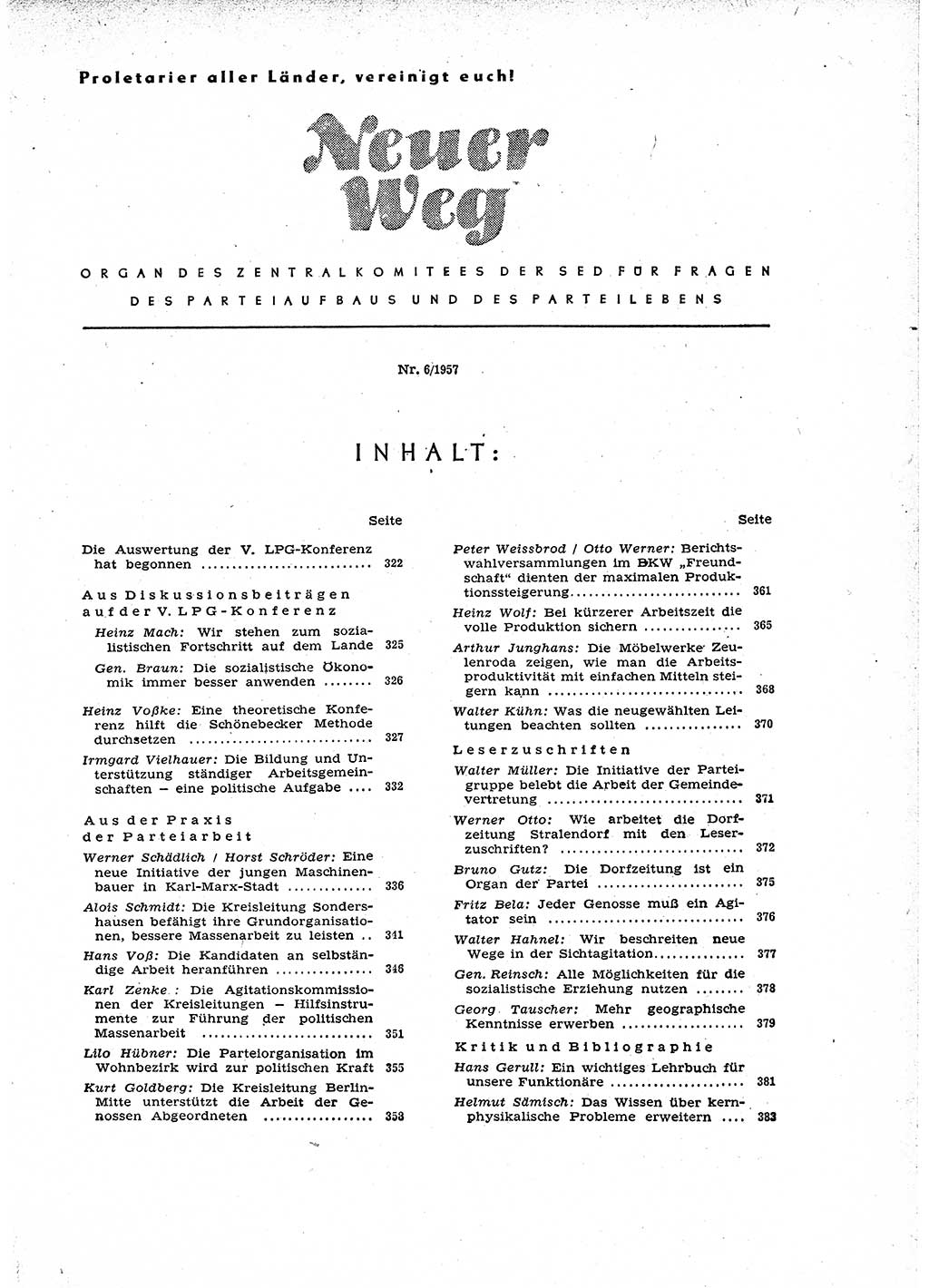 Neuer Weg (NW), Organ des Zentralkomitees (ZK) der SED (Sozialistische Einheitspartei Deutschlands) für Fragen des Parteiaufbaus und des Parteilebens, 12. Jahrgang [Deutsche Demokratische Republik (DDR)] 1957, Seite 321 (NW ZK SED DDR 1957, S. 321)