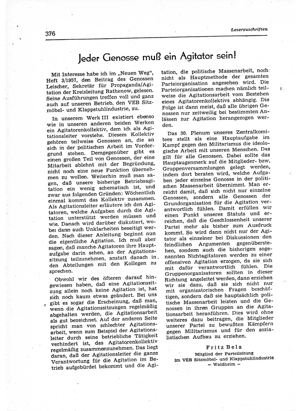 Neuer Weg (NW), Organ des Zentralkomitees (ZK) der SED (Sozialistische Einheitspartei Deutschlands) für Fragen des Parteiaufbaus und des Parteilebens, 12. Jahrgang [Deutsche Demokratische Republik (DDR)] 1957, Seite 376 (NW ZK SED DDR 1957, S. 376)