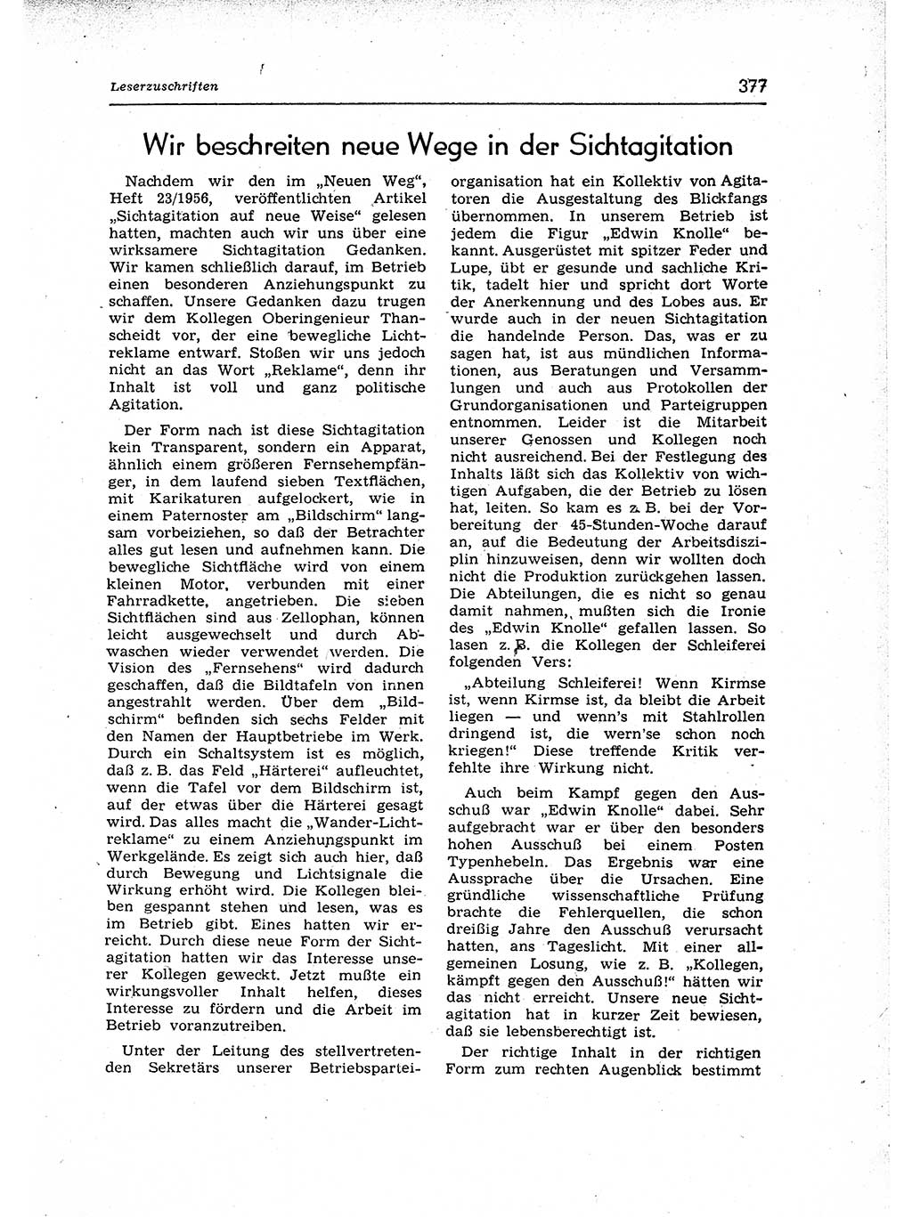 Neuer Weg (NW), Organ des Zentralkomitees (ZK) der SED (Sozialistische Einheitspartei Deutschlands) für Fragen des Parteiaufbaus und des Parteilebens, 12. Jahrgang [Deutsche Demokratische Republik (DDR)] 1957, Seite 377 (NW ZK SED DDR 1957, S. 377)