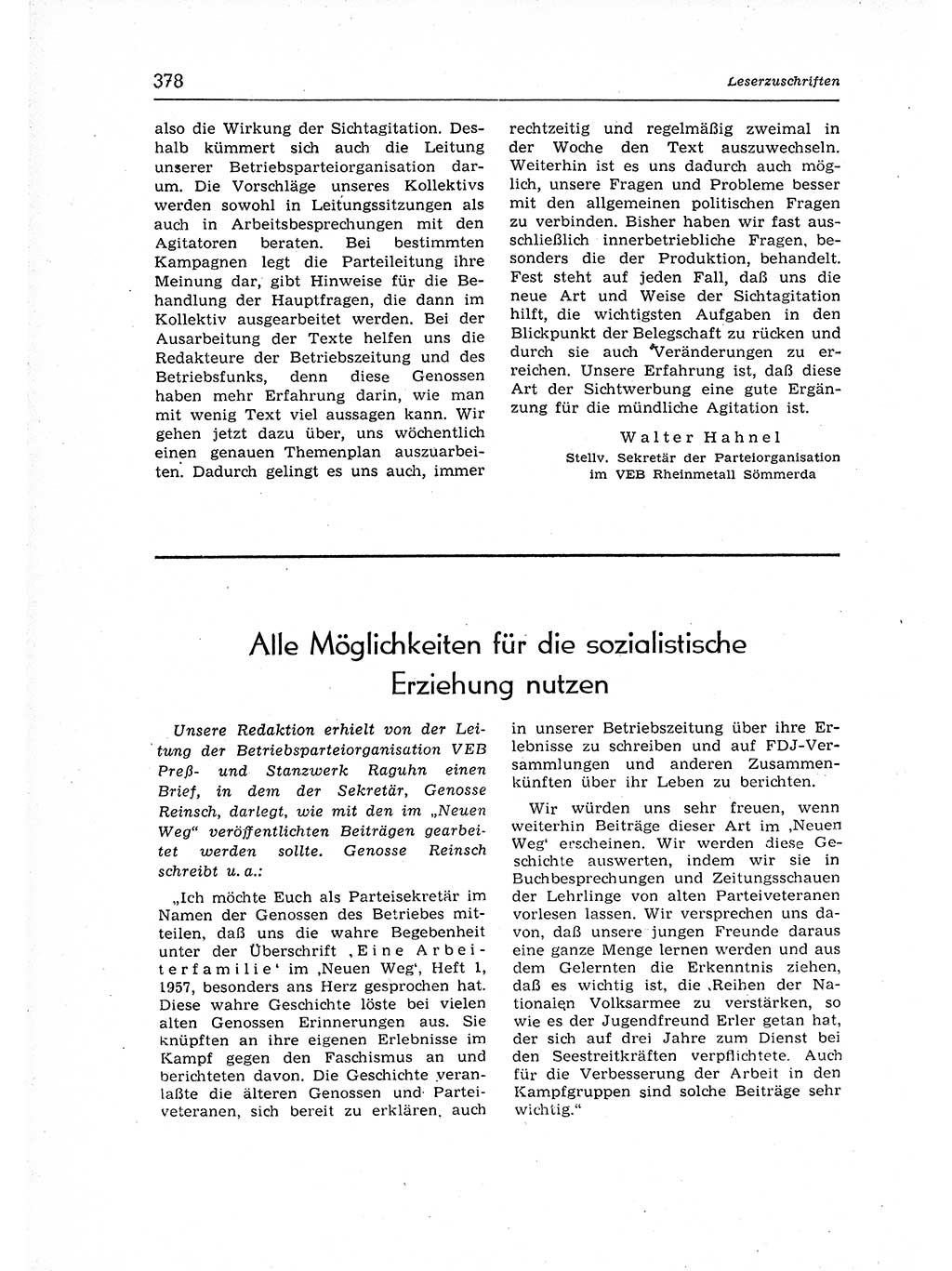 Neuer Weg (NW), Organ des Zentralkomitees (ZK) der SED (Sozialistische Einheitspartei Deutschlands) für Fragen des Parteiaufbaus und des Parteilebens, 12. Jahrgang [Deutsche Demokratische Republik (DDR)] 1957, Seite 378 (NW ZK SED DDR 1957, S. 378)