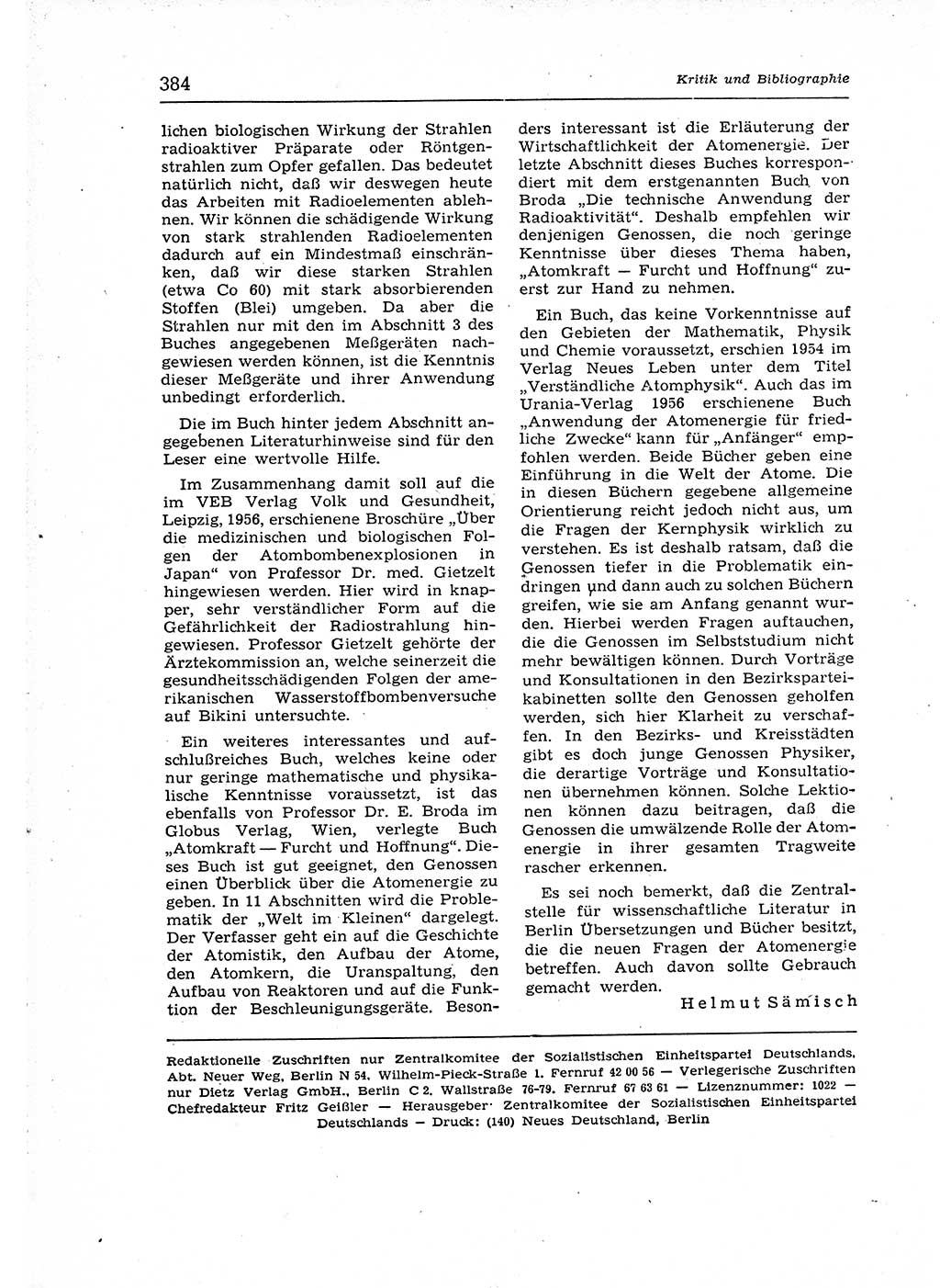 Neuer Weg (NW), Organ des Zentralkomitees (ZK) der SED (Sozialistische Einheitspartei Deutschlands) für Fragen des Parteiaufbaus und des Parteilebens, 12. Jahrgang [Deutsche Demokratische Republik (DDR)] 1957, Seite 384 (NW ZK SED DDR 1957, S. 384)