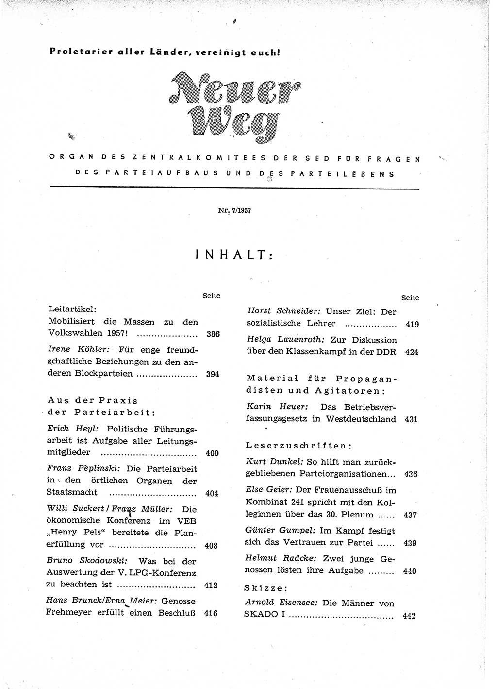 Neuer Weg (NW), Organ des Zentralkomitees (ZK) der SED (Sozialistische Einheitspartei Deutschlands) für Fragen des Parteiaufbaus und des Parteilebens, 12. Jahrgang [Deutsche Demokratische Republik (DDR)] 1957, Seite 385 (NW ZK SED DDR 1957, S. 385)