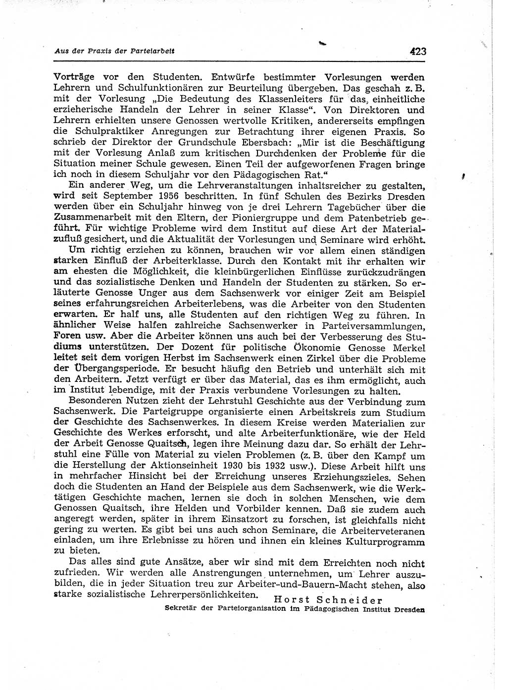 Neuer Weg (NW), Organ des Zentralkomitees (ZK) der SED (Sozialistische Einheitspartei Deutschlands) für Fragen des Parteiaufbaus und des Parteilebens, 12. Jahrgang [Deutsche Demokratische Republik (DDR)] 1957, Seite 423 (NW ZK SED DDR 1957, S. 423)