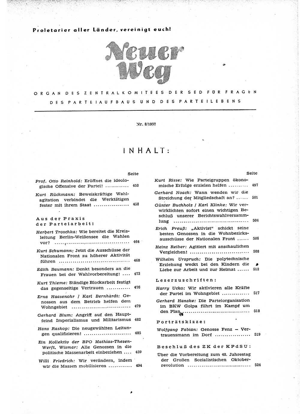 Neuer Weg (NW), Organ des Zentralkomitees (ZK) der SED (Sozialistische Einheitspartei Deutschlands) für Fragen des Parteiaufbaus und des Parteilebens, 12. Jahrgang [Deutsche Demokratische Republik (DDR)] 1957, Seite 449 (NW ZK SED DDR 1957, S. 449)