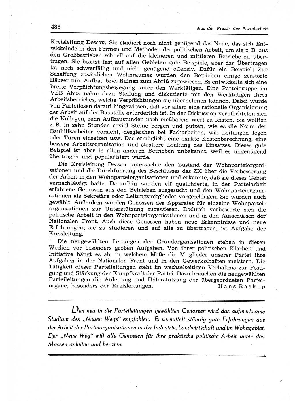 Neuer Weg (NW), Organ des Zentralkomitees (ZK) der SED (Sozialistische Einheitspartei Deutschlands) fÃ¼r Fragen des Parteiaufbaus und des Parteilebens, 12. Jahrgang [Deutsche Demokratische Republik (DDR)] 1957, Seite 488 (NW ZK SED DDR 1957, S. 488)