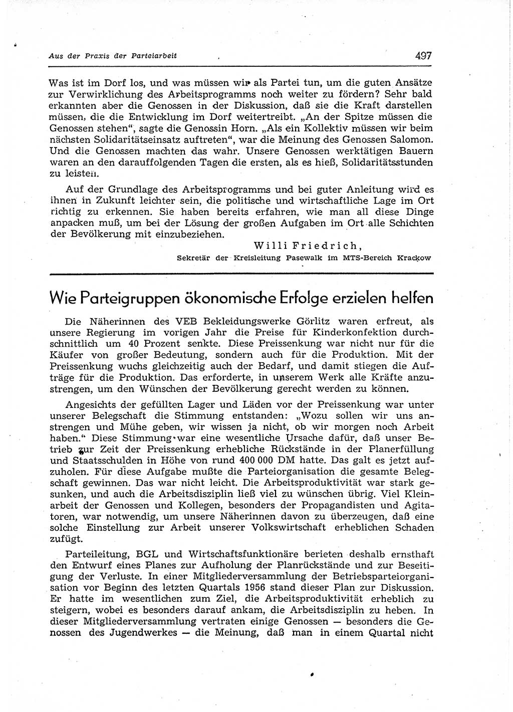 Neuer Weg (NW), Organ des Zentralkomitees (ZK) der SED (Sozialistische Einheitspartei Deutschlands) für Fragen des Parteiaufbaus und des Parteilebens, 12. Jahrgang [Deutsche Demokratische Republik (DDR)] 1957, Seite 497 (NW ZK SED DDR 1957, S. 497)