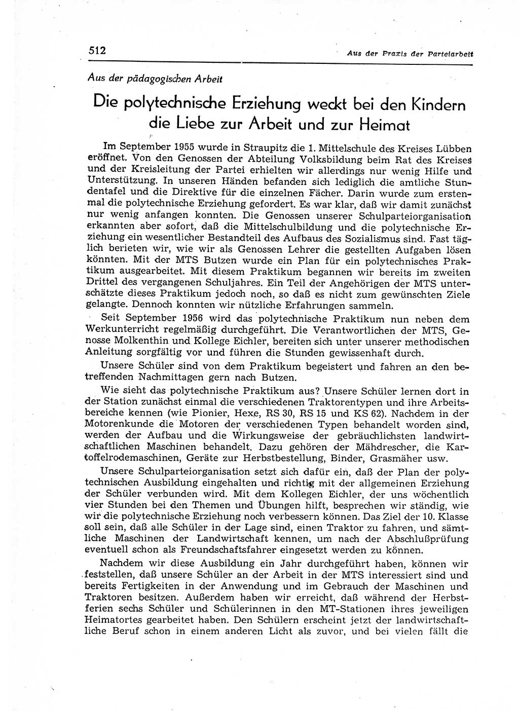Neuer Weg (NW), Organ des Zentralkomitees (ZK) der SED (Sozialistische Einheitspartei Deutschlands) für Fragen des Parteiaufbaus und des Parteilebens, 12. Jahrgang [Deutsche Demokratische Republik (DDR)] 1957, Seite 512 (NW ZK SED DDR 1957, S. 512)