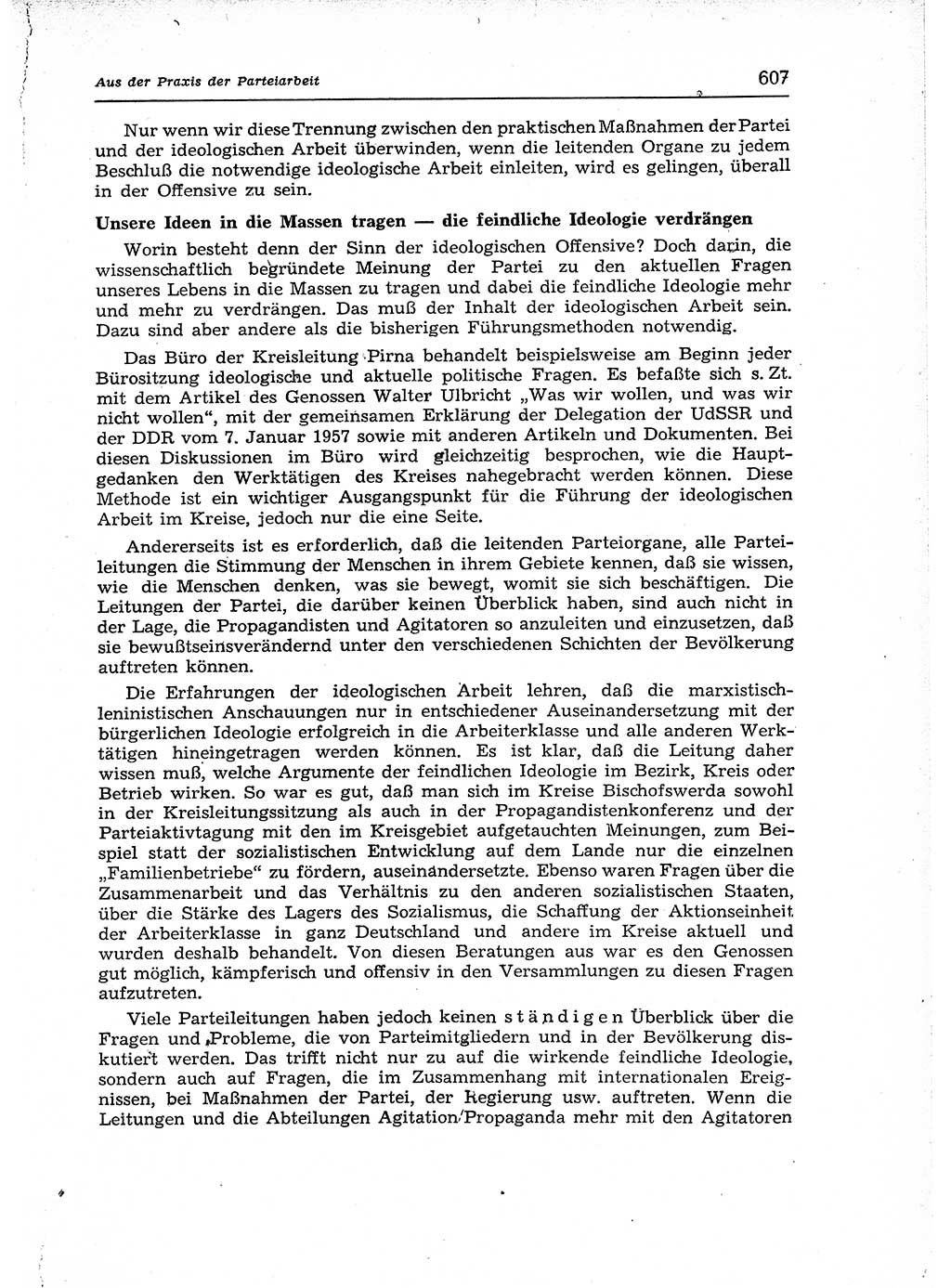 Neuer Weg (NW), Organ des Zentralkomitees (ZK) der SED (Sozialistische Einheitspartei Deutschlands) für Fragen des Parteiaufbaus und des Parteilebens, 12. Jahrgang [Deutsche Demokratische Republik (DDR)] 1957, Seite 607 (NW ZK SED DDR 1957, S. 607)