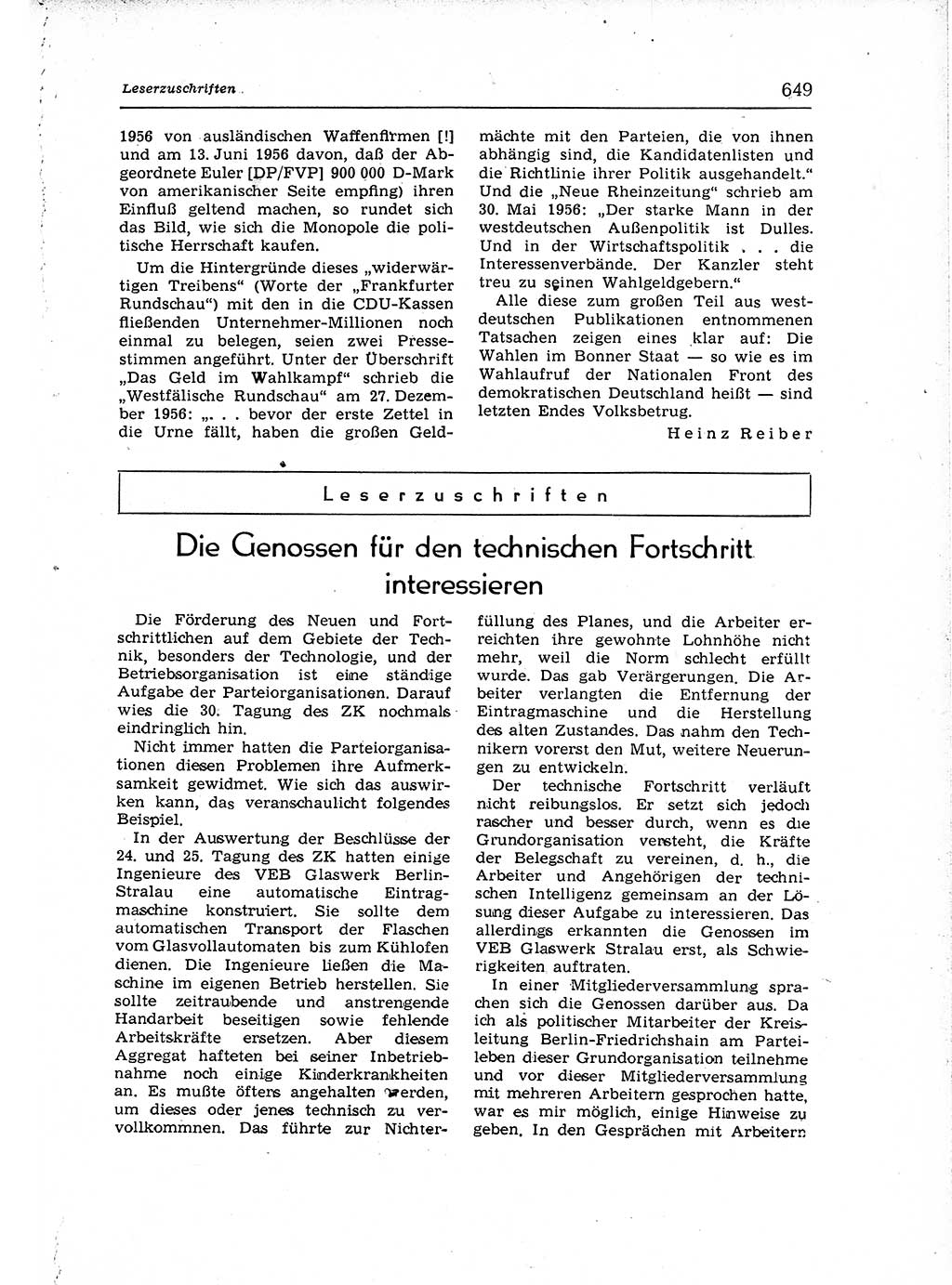 Neuer Weg (NW), Organ des Zentralkomitees (ZK) der SED (Sozialistische Einheitspartei Deutschlands) für Fragen des Parteiaufbaus und des Parteilebens, 12. Jahrgang [Deutsche Demokratische Republik (DDR)] 1957, Seite 649 (NW ZK SED DDR 1957, S. 649)