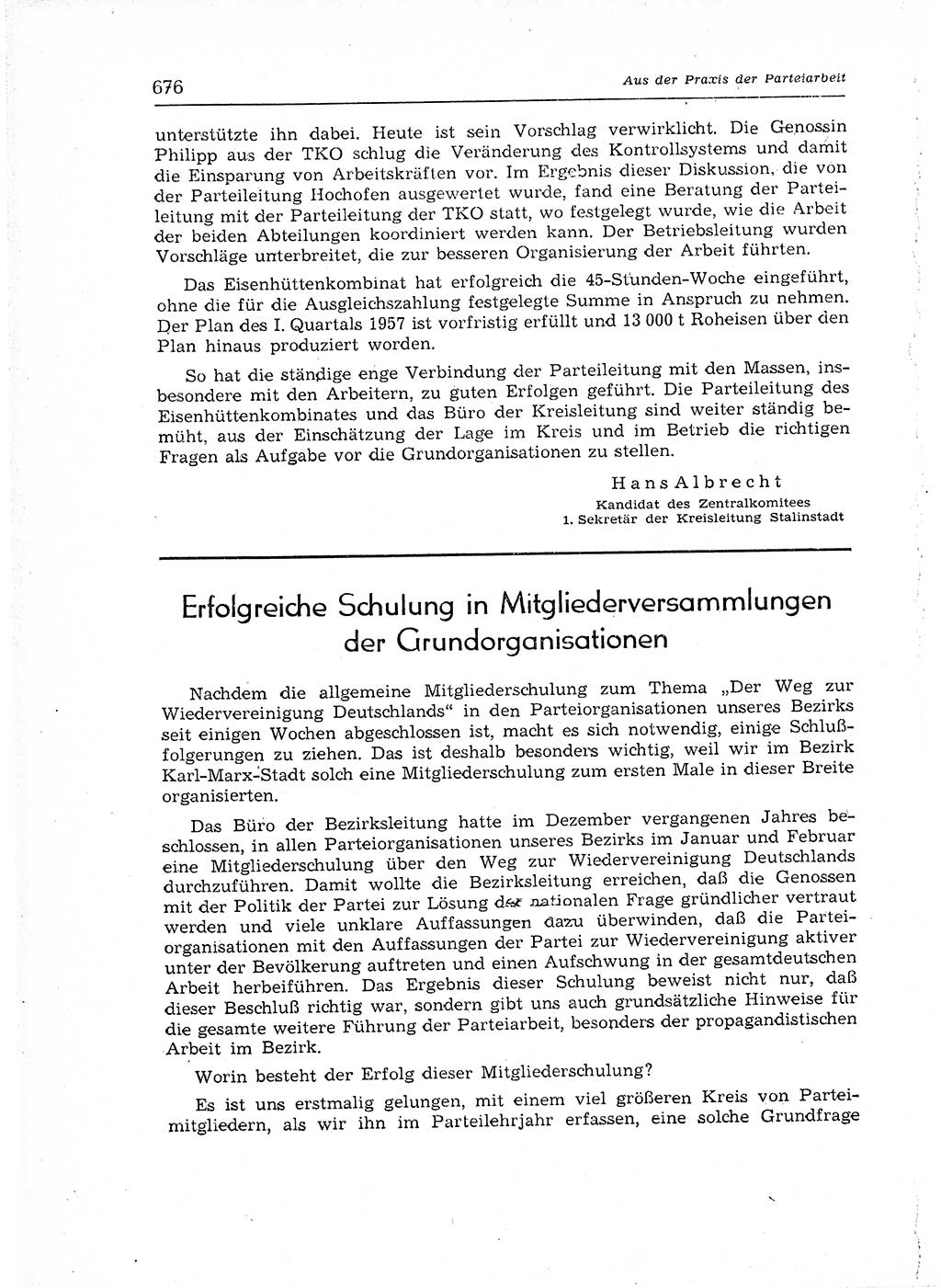 Neuer Weg (NW), Organ des Zentralkomitees (ZK) der SED (Sozialistische Einheitspartei Deutschlands) für Fragen des Parteiaufbaus und des Parteilebens, 12. Jahrgang [Deutsche Demokratische Republik (DDR)] 1957, Seite 676 (NW ZK SED DDR 1957, S. 676)