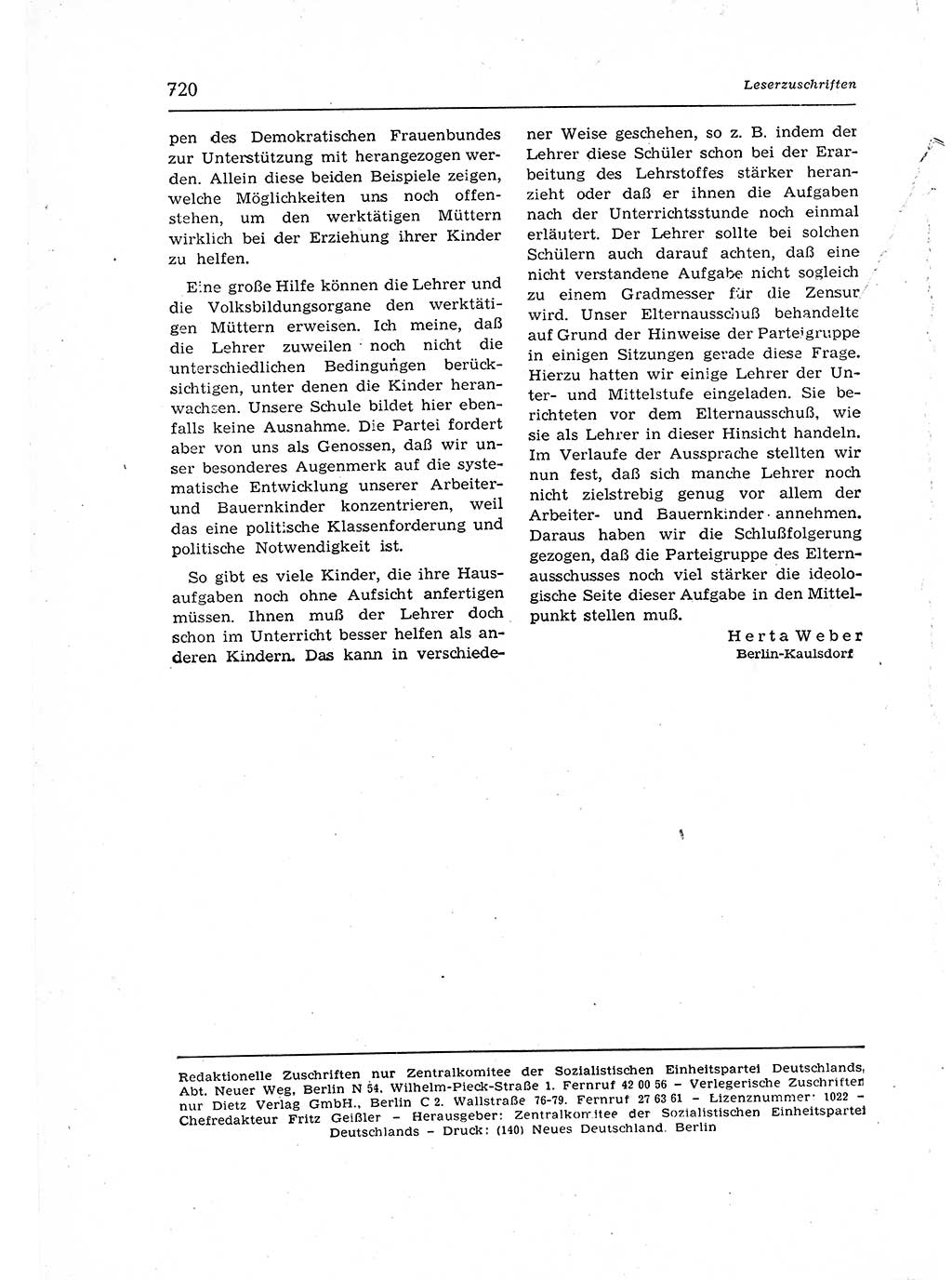 Neuer Weg (NW), Organ des Zentralkomitees (ZK) der SED (Sozialistische Einheitspartei Deutschlands) für Fragen des Parteiaufbaus und des Parteilebens, 12. Jahrgang [Deutsche Demokratische Republik (DDR)] 1957, Seite 720 (NW ZK SED DDR 1957, S. 720)