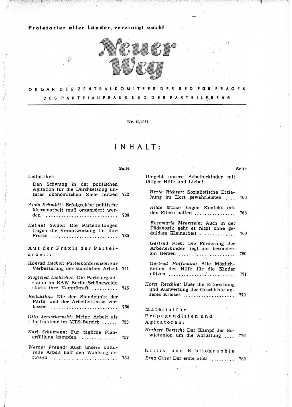 Neuer Weg (NW), Organ des Zentralkomitees (ZK) der SED (Sozialistische Einheitspartei Deutschlands) für Fragen des Parteiaufbaus und des Parteilebens, 12. Jahrgang [Deutsche Demokratische Republik (DDR)] 1957, Seite 721 (NW ZK SED DDR 1957, S. 721)