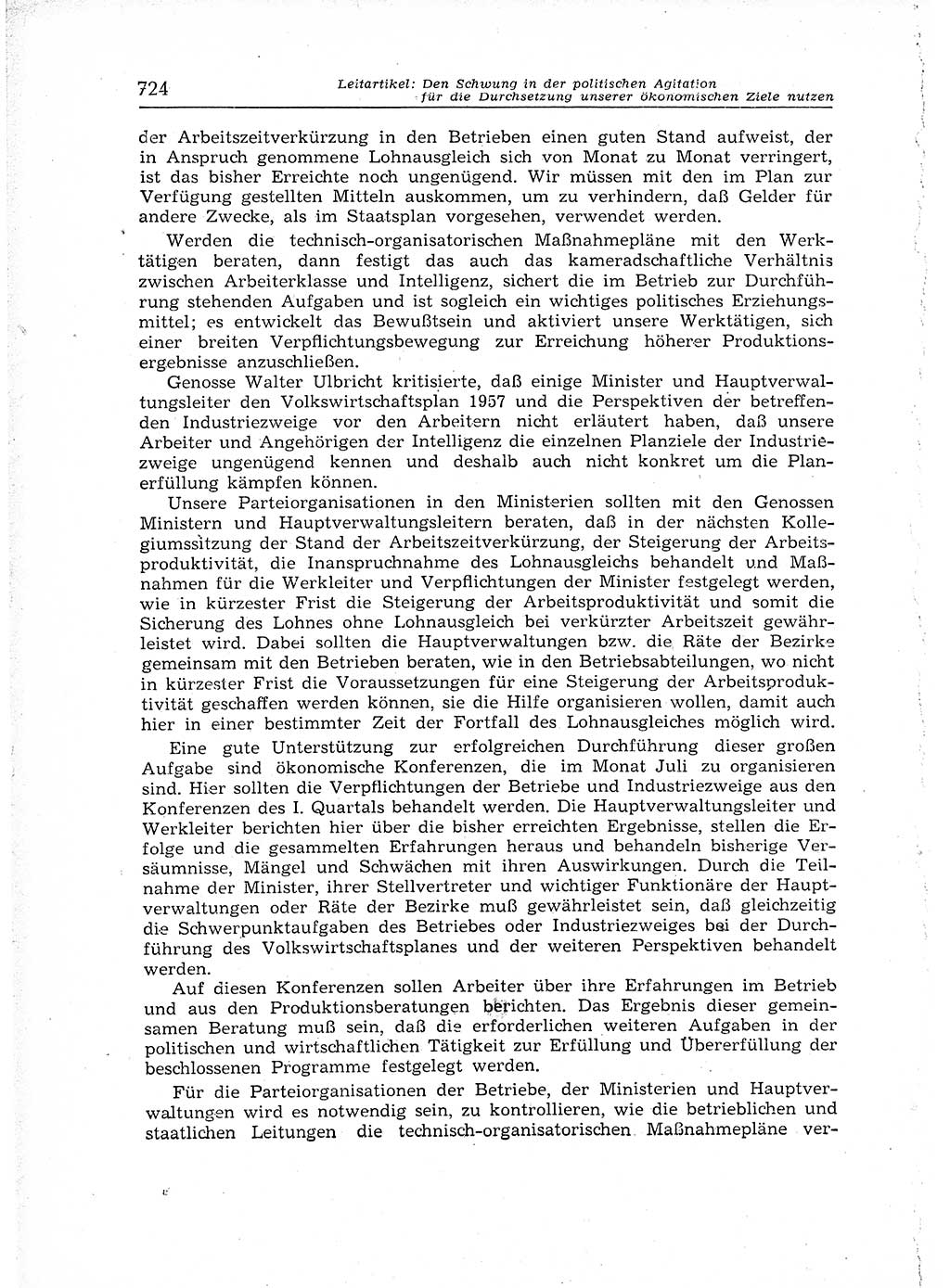 Neuer Weg (NW), Organ des Zentralkomitees (ZK) der SED (Sozialistische Einheitspartei Deutschlands) für Fragen des Parteiaufbaus und des Parteilebens, 12. Jahrgang [Deutsche Demokratische Republik (DDR)] 1957, Seite 724 (NW ZK SED DDR 1957, S. 724)