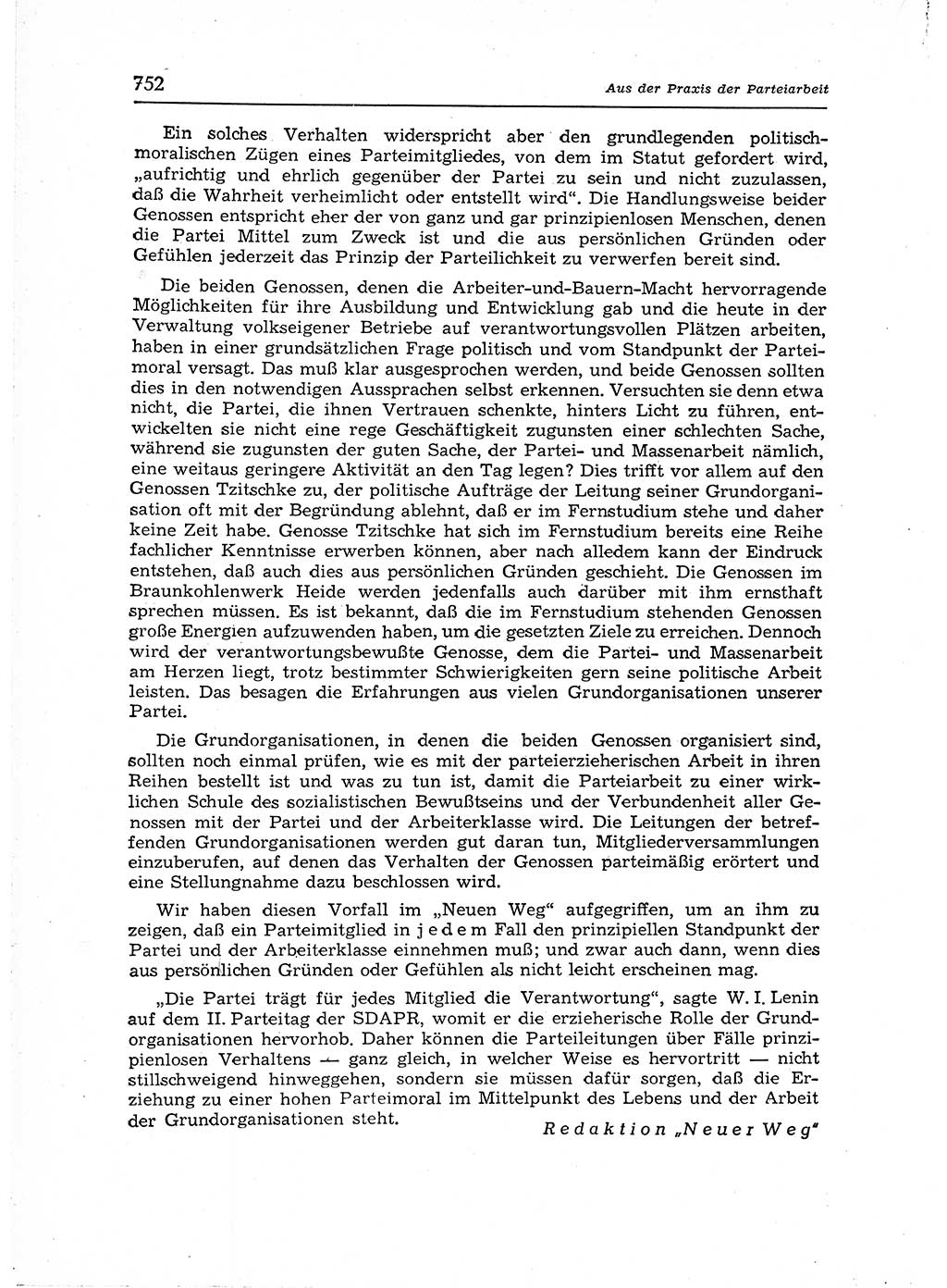 Neuer Weg (NW), Organ des Zentralkomitees (ZK) der SED (Sozialistische Einheitspartei Deutschlands) für Fragen des Parteiaufbaus und des Parteilebens, 12. Jahrgang [Deutsche Demokratische Republik (DDR)] 1957, Seite 752 (NW ZK SED DDR 1957, S. 752)