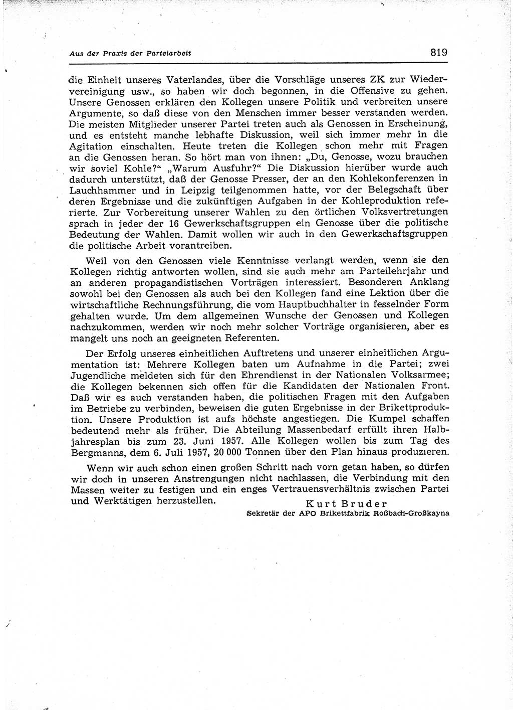 Neuer Weg (NW), Organ des Zentralkomitees (ZK) der SED (Sozialistische Einheitspartei Deutschlands) für Fragen des Parteiaufbaus und des Parteilebens, 12. Jahrgang [Deutsche Demokratische Republik (DDR)] 1957, Seite 819 (NW ZK SED DDR 1957, S. 819)