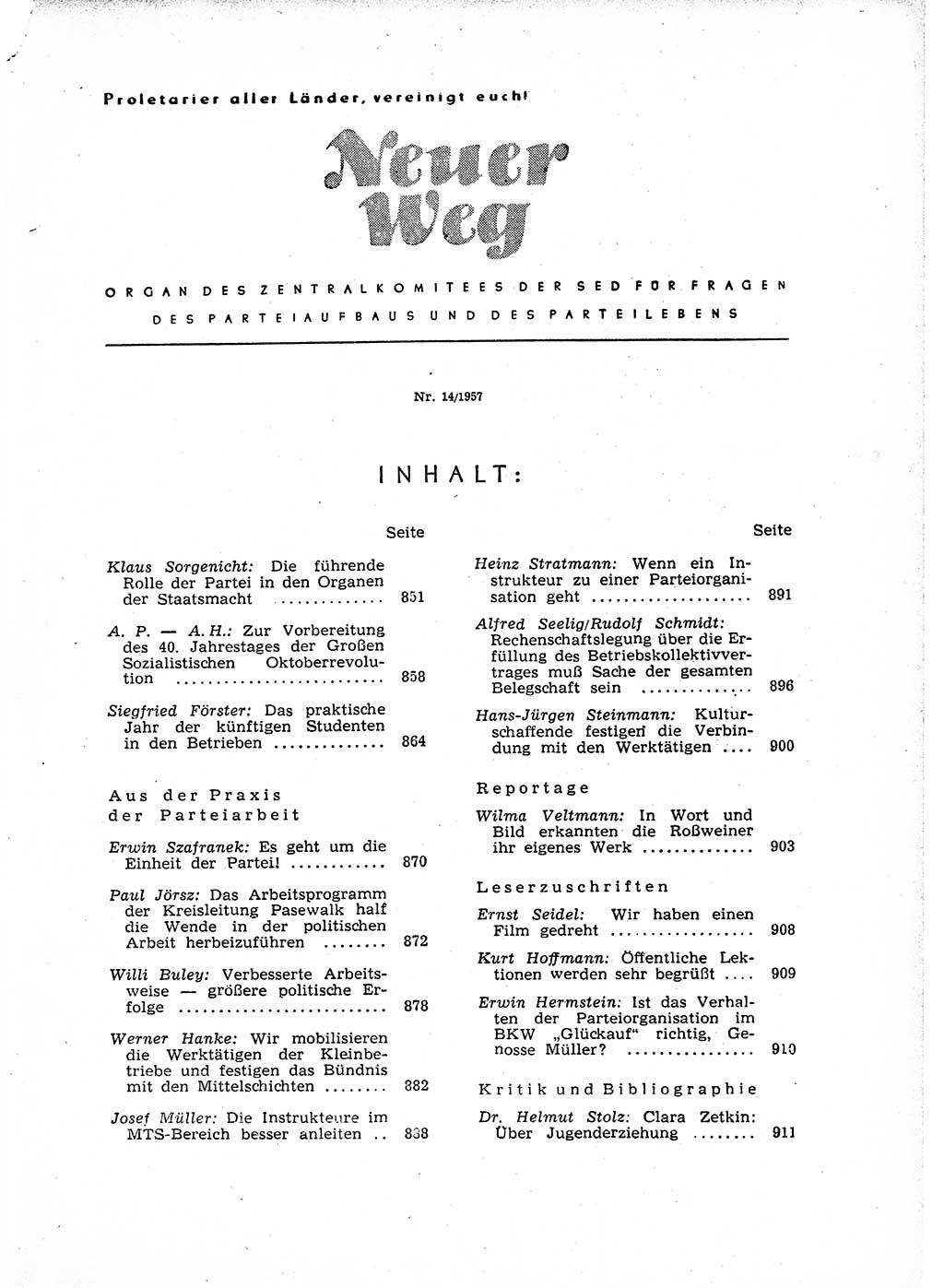 Neuer Weg (NW), Organ des Zentralkomitees (ZK) der SED (Sozialistische Einheitspartei Deutschlands) für Fragen des Parteiaufbaus und des Parteilebens, 12. Jahrgang [Deutsche Demokratische Republik (DDR)] 1957, Seite 849 (NW ZK SED DDR 1957, S. 849)
