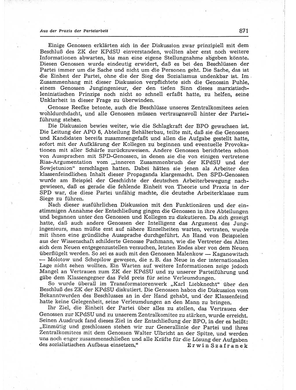 Neuer Weg (NW), Organ des Zentralkomitees (ZK) der SED (Sozialistische Einheitspartei Deutschlands) für Fragen des Parteiaufbaus und des Parteilebens, 12. Jahrgang [Deutsche Demokratische Republik (DDR)] 1957, Seite 871 (NW ZK SED DDR 1957, S. 871)