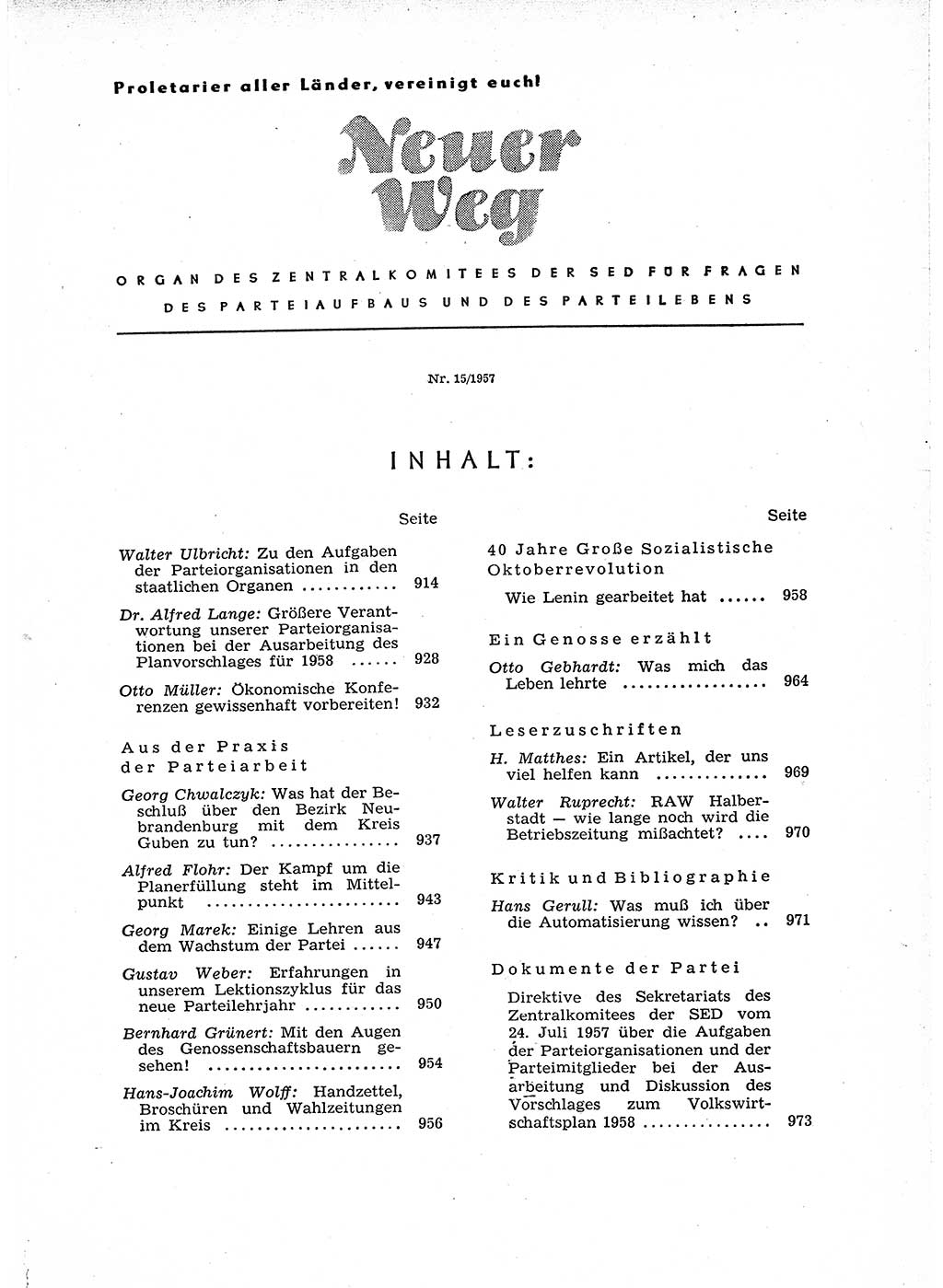 Neuer Weg (NW), Organ des Zentralkomitees (ZK) der SED (Sozialistische Einheitspartei Deutschlands) für Fragen des Parteiaufbaus und des Parteilebens, 12. Jahrgang [Deutsche Demokratische Republik (DDR)] 1957, Seite 913 (NW ZK SED DDR 1957, S. 913)