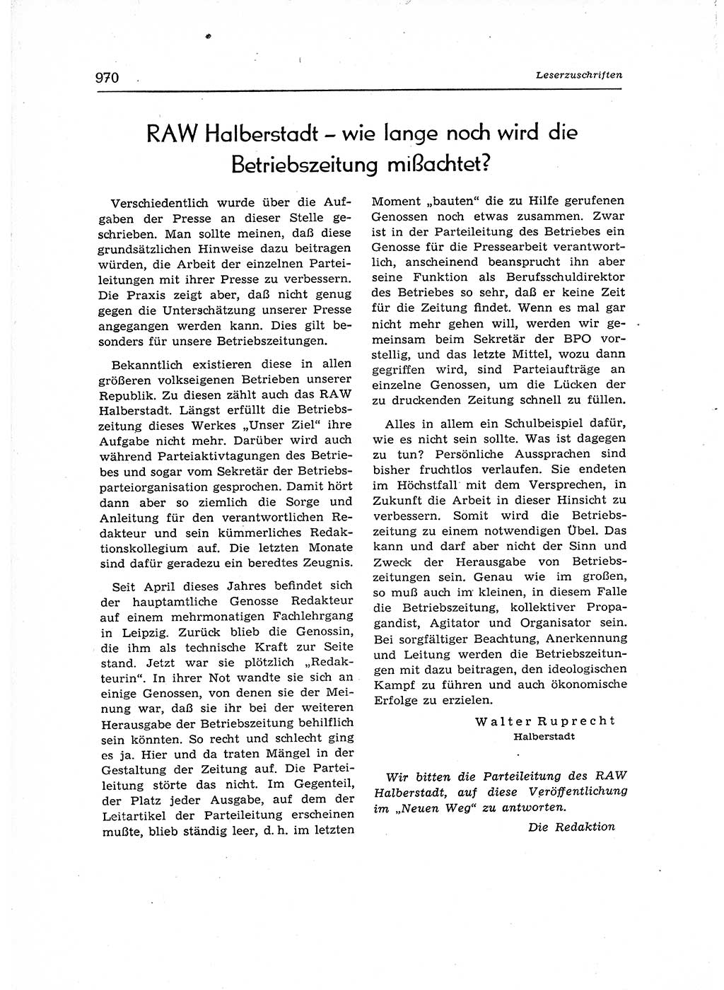 Neuer Weg (NW), Organ des Zentralkomitees (ZK) der SED (Sozialistische Einheitspartei Deutschlands) für Fragen des Parteiaufbaus und des Parteilebens, 12. Jahrgang [Deutsche Demokratische Republik (DDR)] 1957, Seite 970 (NW ZK SED DDR 1957, S. 970)