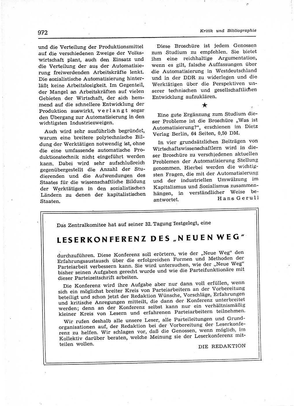 Neuer Weg (NW), Organ des Zentralkomitees (ZK) der SED (Sozialistische Einheitspartei Deutschlands) für Fragen des Parteiaufbaus und des Parteilebens, 12. Jahrgang [Deutsche Demokratische Republik (DDR)] 1957, Seite 972 (NW ZK SED DDR 1957, S. 972)