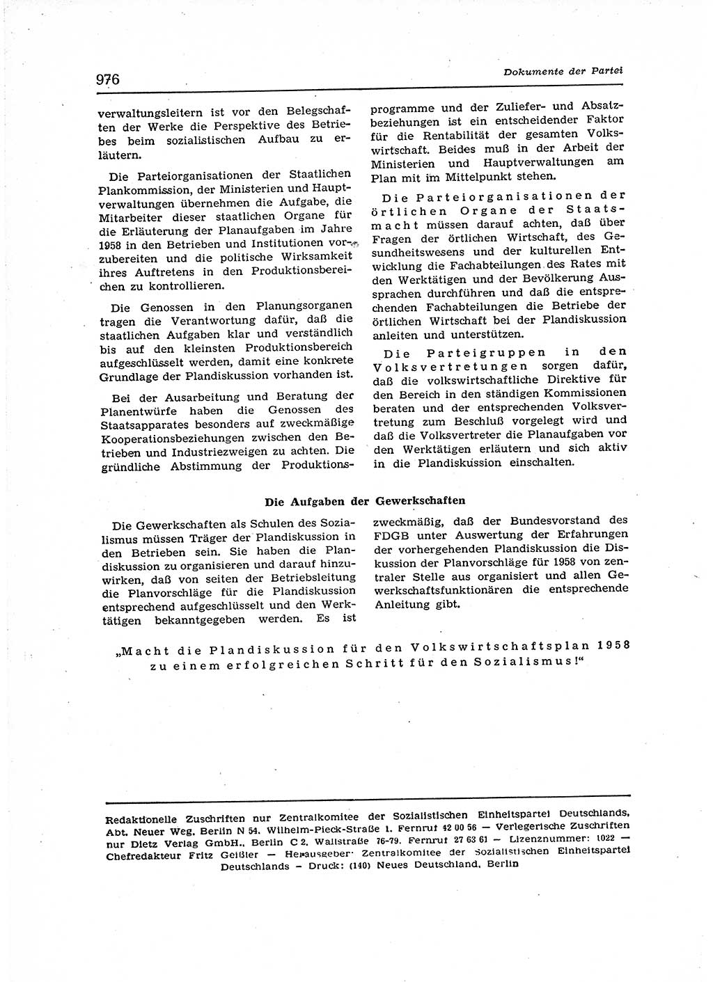 Neuer Weg (NW), Organ des Zentralkomitees (ZK) der SED (Sozialistische Einheitspartei Deutschlands) für Fragen des Parteiaufbaus und des Parteilebens, 12. Jahrgang [Deutsche Demokratische Republik (DDR)] 1957, Seite 976 (NW ZK SED DDR 1957, S. 976)