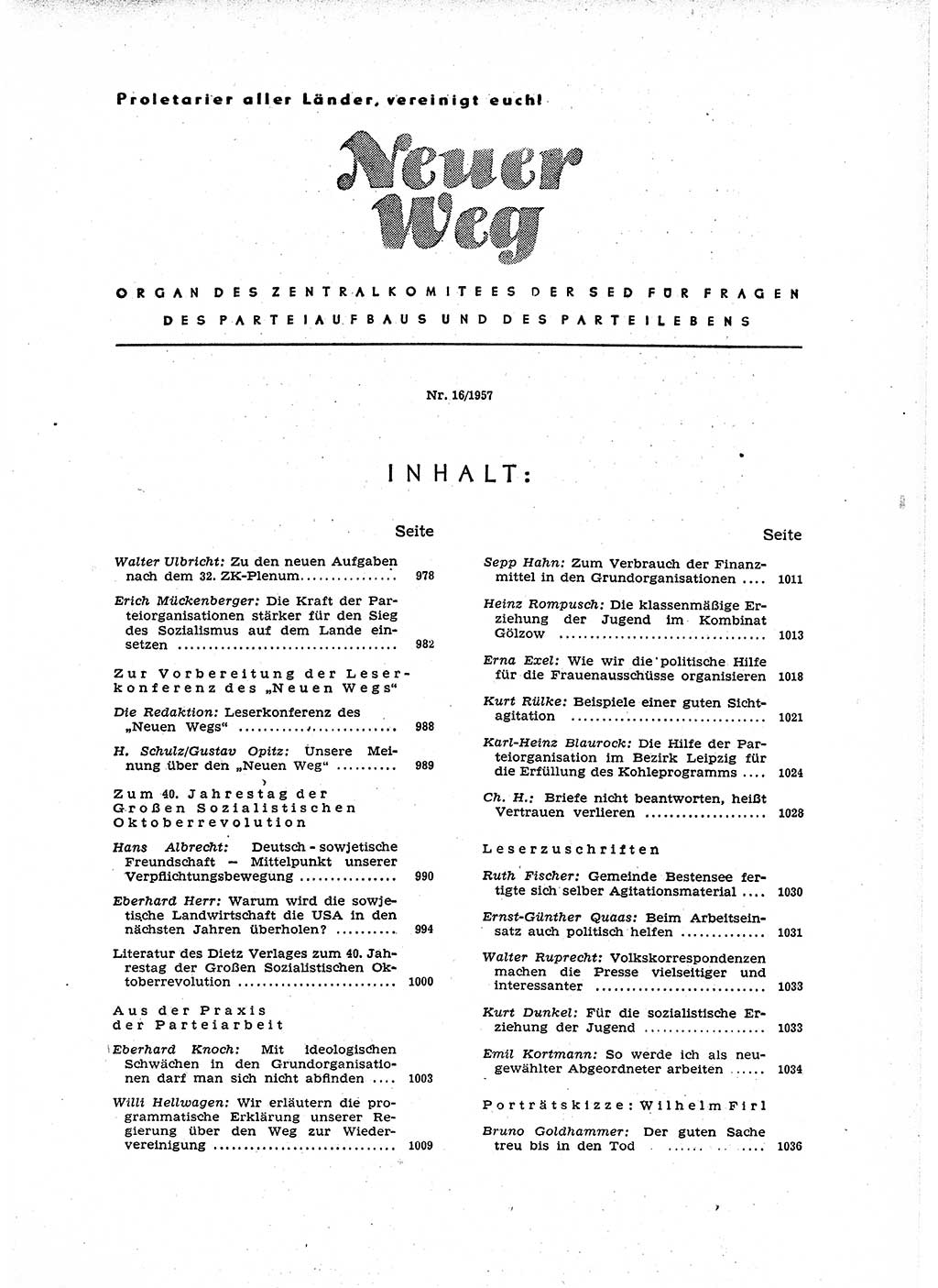 Neuer Weg (NW), Organ des Zentralkomitees (ZK) der SED (Sozialistische Einheitspartei Deutschlands) für Fragen des Parteiaufbaus und des Parteilebens, 12. Jahrgang [Deutsche Demokratische Republik (DDR)] 1957, Seite 977 (NW ZK SED DDR 1957, S. 977)