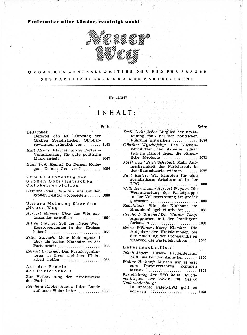 Neuer Weg (NW), Organ des Zentralkomitees (ZK) der SED (Sozialistische Einheitspartei Deutschlands) für Fragen des Parteiaufbaus und des Parteilebens, 12. Jahrgang [Deutsche Demokratische Republik (DDR)] 1957, Seite 1041 (NW ZK SED DDR 1957, S. 1041)