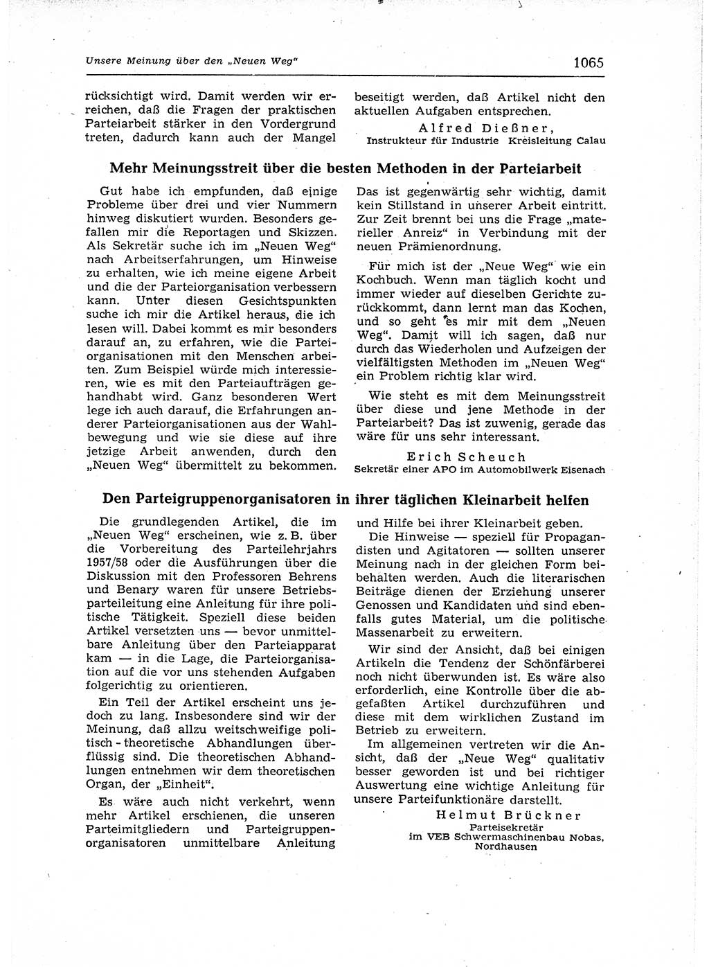 Neuer Weg (NW), Organ des Zentralkomitees (ZK) der SED (Sozialistische Einheitspartei Deutschlands) für Fragen des Parteiaufbaus und des Parteilebens, 12. Jahrgang [Deutsche Demokratische Republik (DDR)] 1957, Seite 1065 (NW ZK SED DDR 1957, S. 1065)