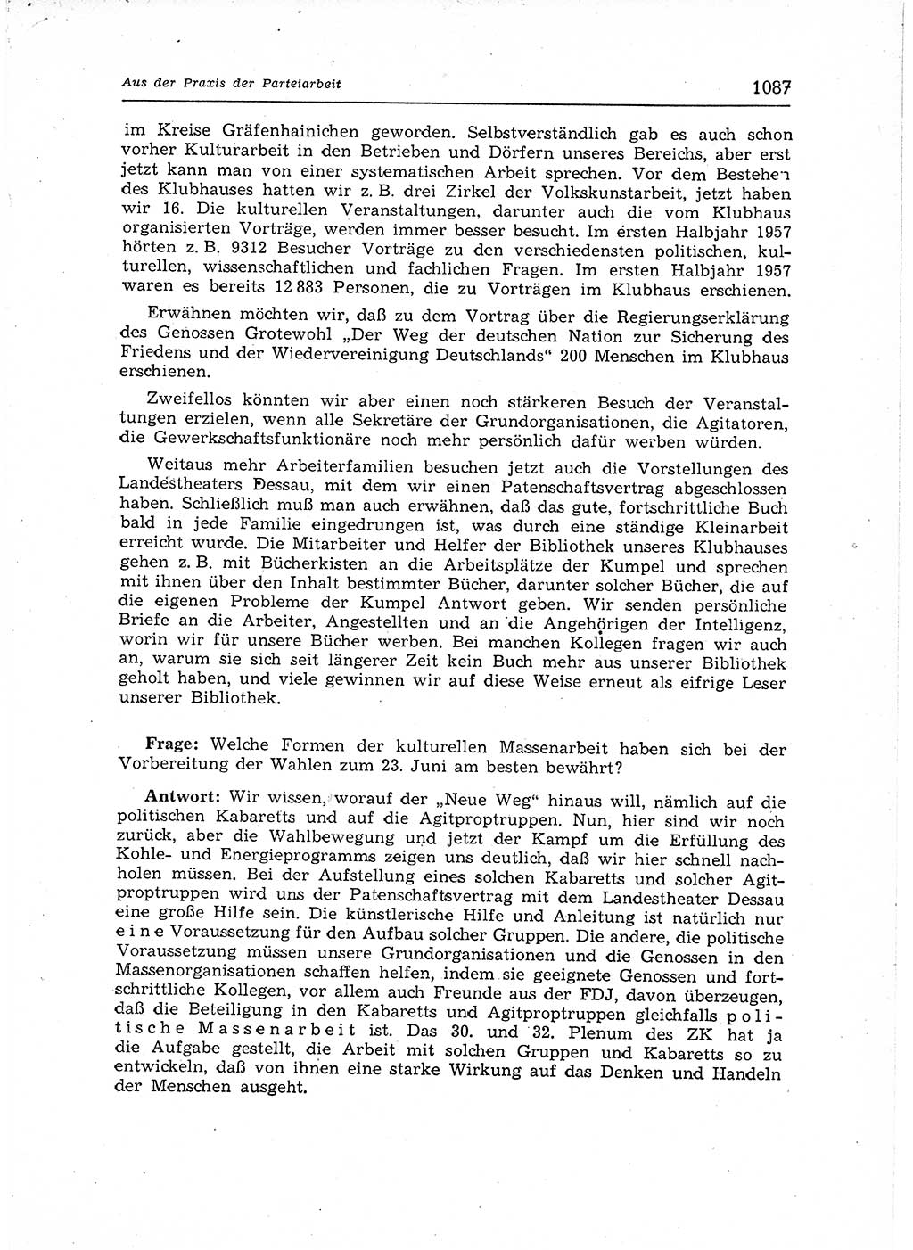 Neuer Weg (NW), Organ des Zentralkomitees (ZK) der SED (Sozialistische Einheitspartei Deutschlands) für Fragen des Parteiaufbaus und des Parteilebens, 12. Jahrgang [Deutsche Demokratische Republik (DDR)] 1957, Seite 1087 (NW ZK SED DDR 1957, S. 1087)